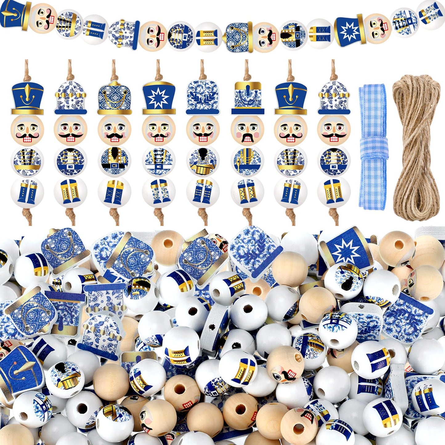 Cinnvoice 240 Pcs Summer Christmas in July Wood Beads with Twine Snowman Gingerbread Man Nutcracker Wooden Bead Garland DIY Crafts Round Beads for Xmas Party Decor(Chinoiserie Nutcracker)