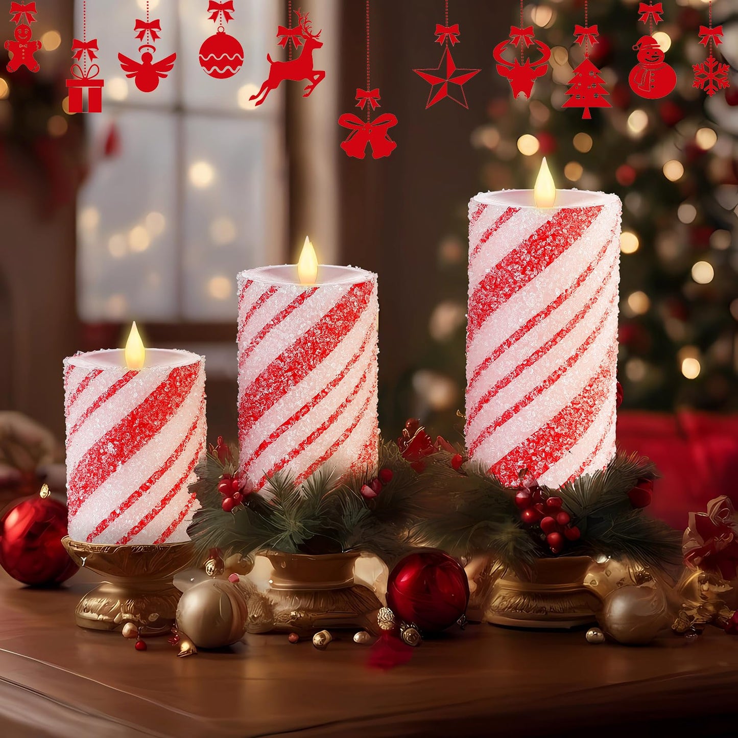 Baquler 3 Pcs Christmas Flameless Candles Pastel Candy Cane LED Pillar Candle Peppermint Glitter Red and White Battery Operated Candlestick for Xmas Party Holiday Table Home Decoration(Thin Stripe)
