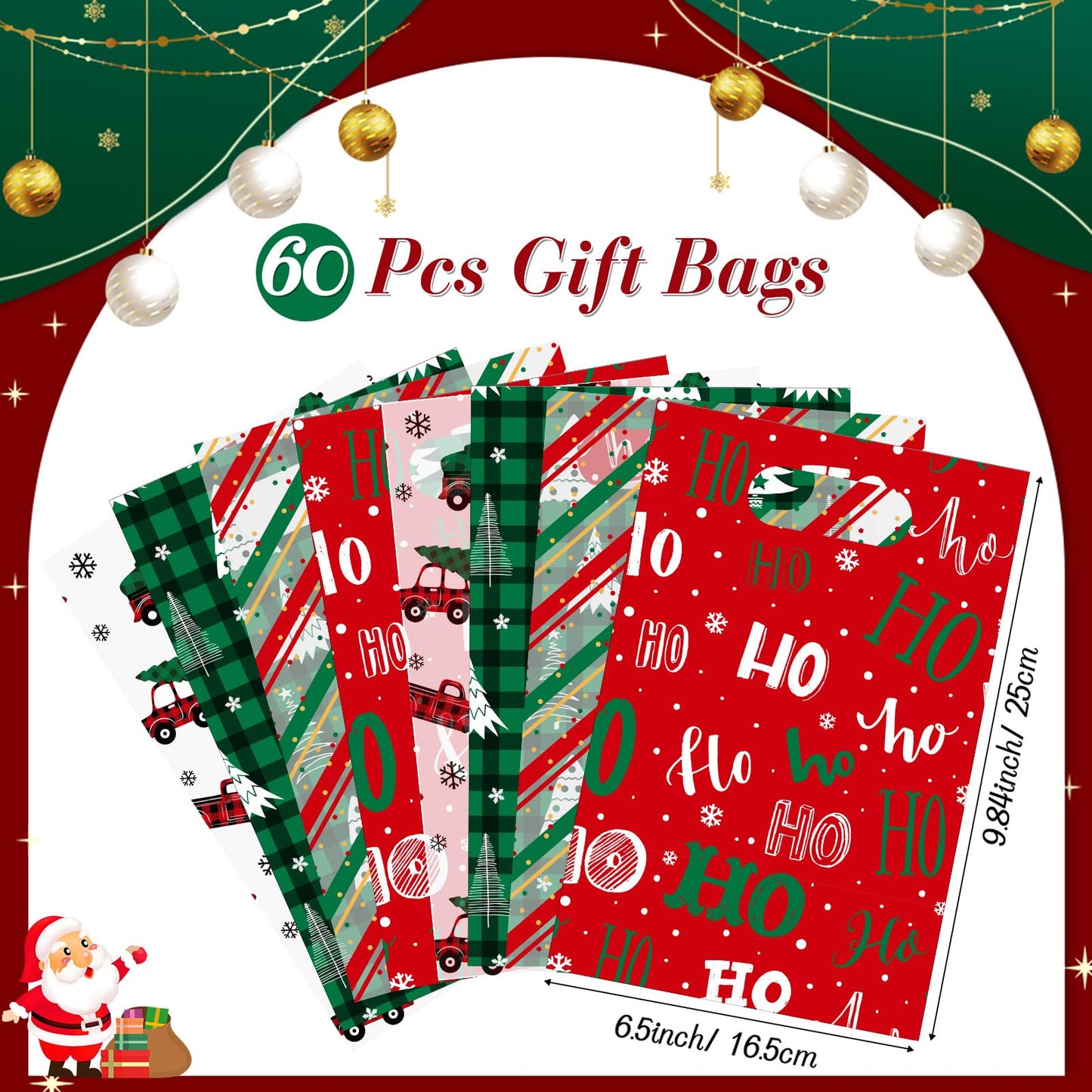 Teenyyou 60 Pcs Christmas Party Gift Bags Plastic Treat Bags with Handles Green Plaid Stripes Snowflakes Red Truck Candy Goodie Handbags for Festive Holiday Winter Theme Favors Supplies