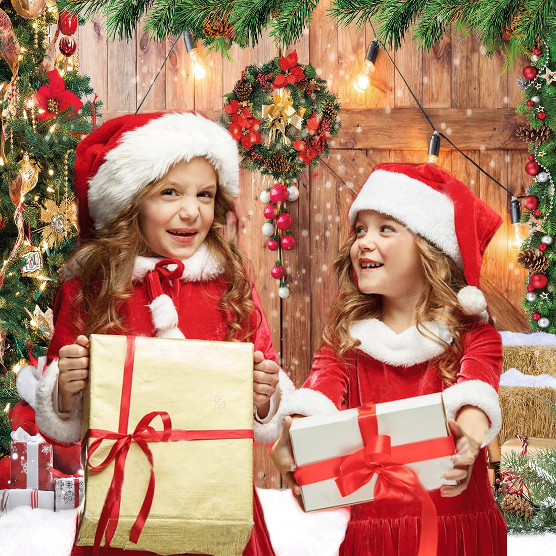 CYLYH 8x8FT Christmas Backdrop Barn Wood Door Photography Backdrop Xmas Tree Snow Gift Wall Floor Party Photo Background for Holiday New Year Party Banner Christmas Family Party Supplies