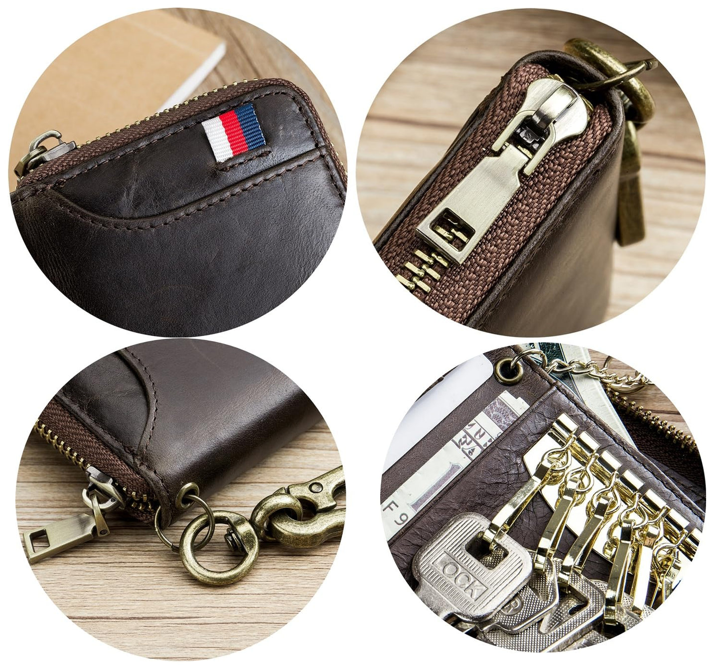 Men's Zipper Key Organizer Rfid Wallet with 6 Hooks Leather Key Holder Case (Dark brown)