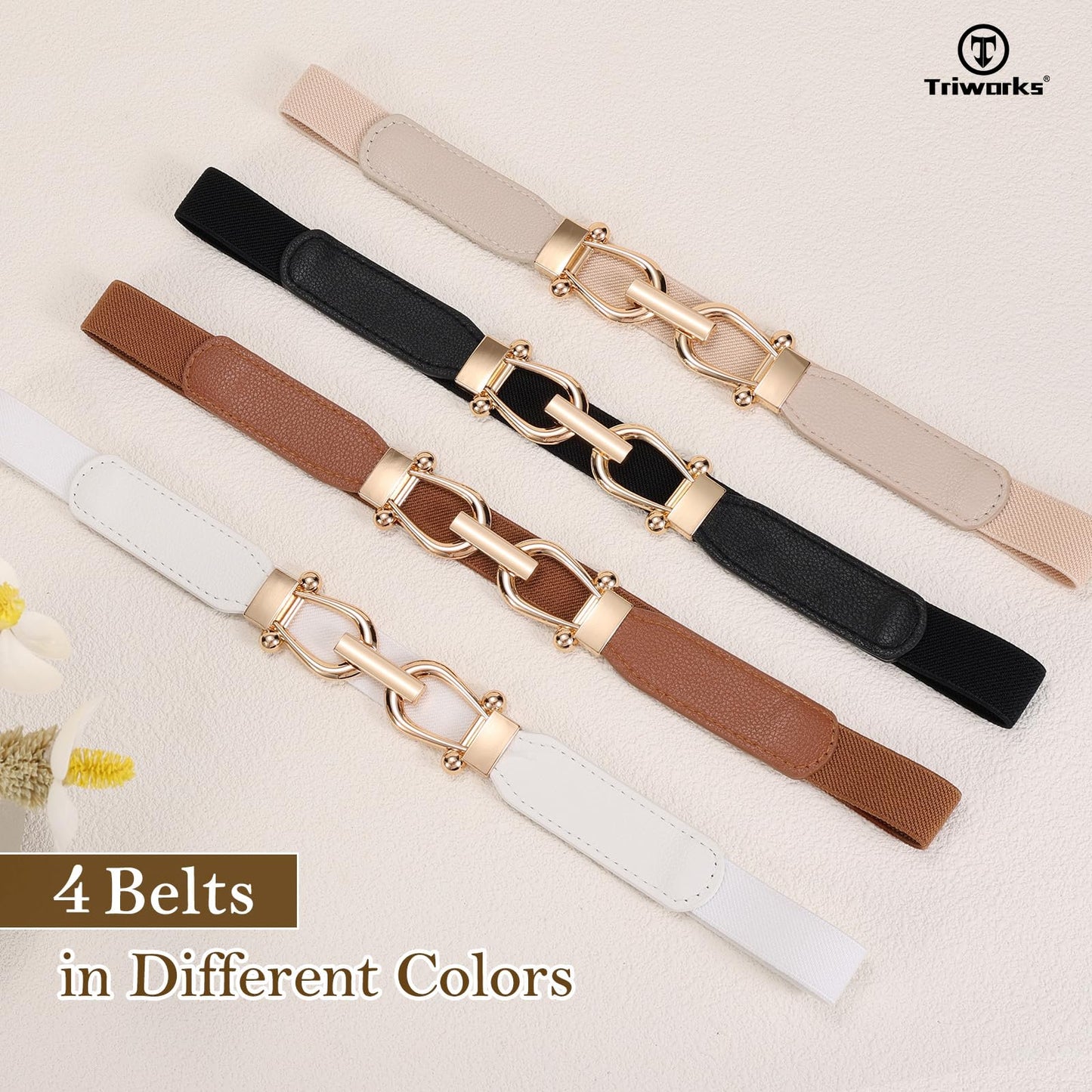 TRIWORKS 4 Pack Skinny Elastic Belts for Women Gold Buckle Thin Stretchy Waist Belts for Dresses