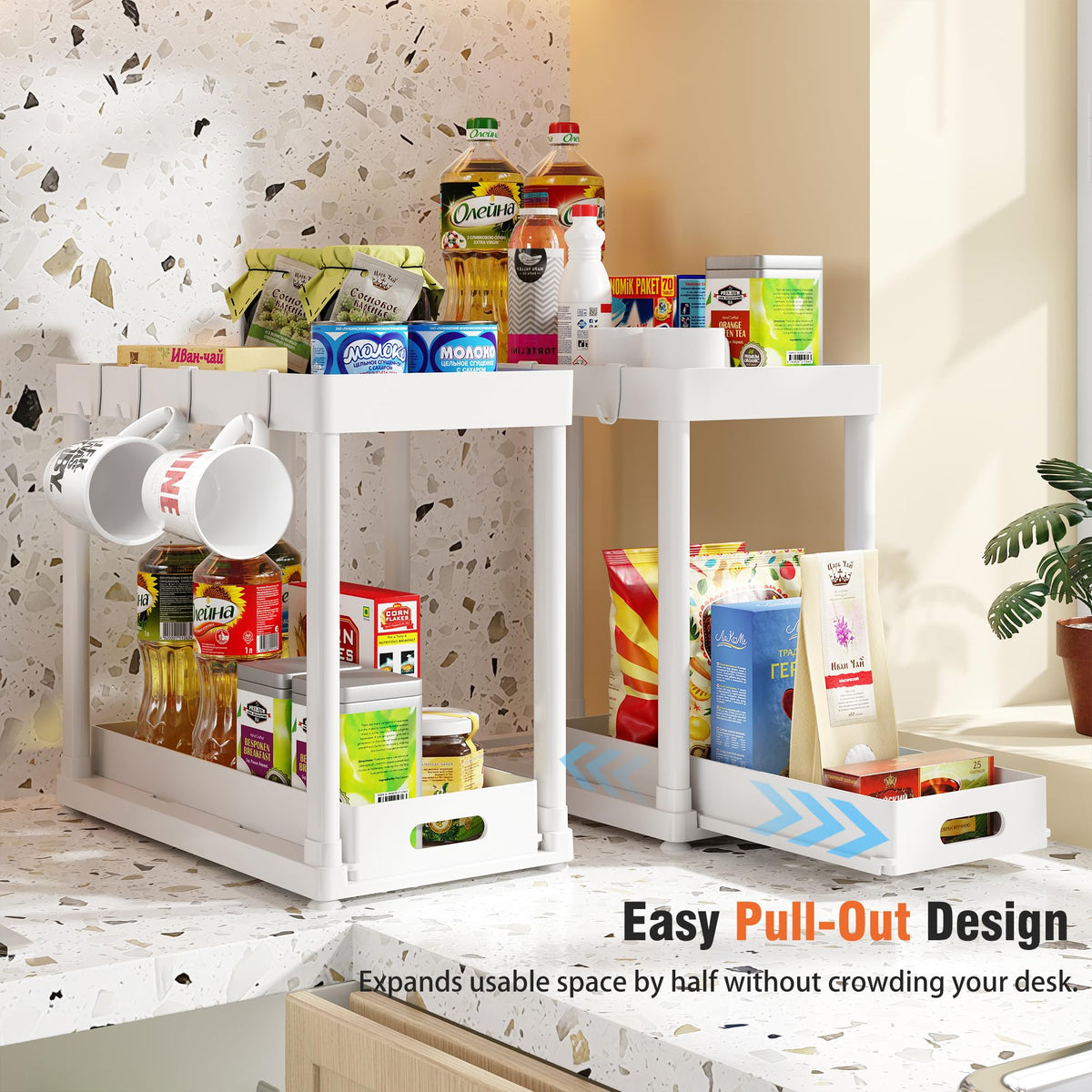 2PC Under Sink Organizer Rack 2 Tier Under Sliding Cabinet Basket Organizer Drawer with 4 Hooks, Multi-purpose Under Sink Storage for Bathroom Kitchen Desktop（Black）