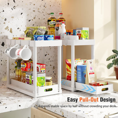 2PC Under Sink Organizer Rack 2 Tier Under Sliding Cabinet Basket Organizer Drawer with 4 Hooks, Multi-purpose Under Sink Storage for Bathroom Kitchen Desktop（Black）