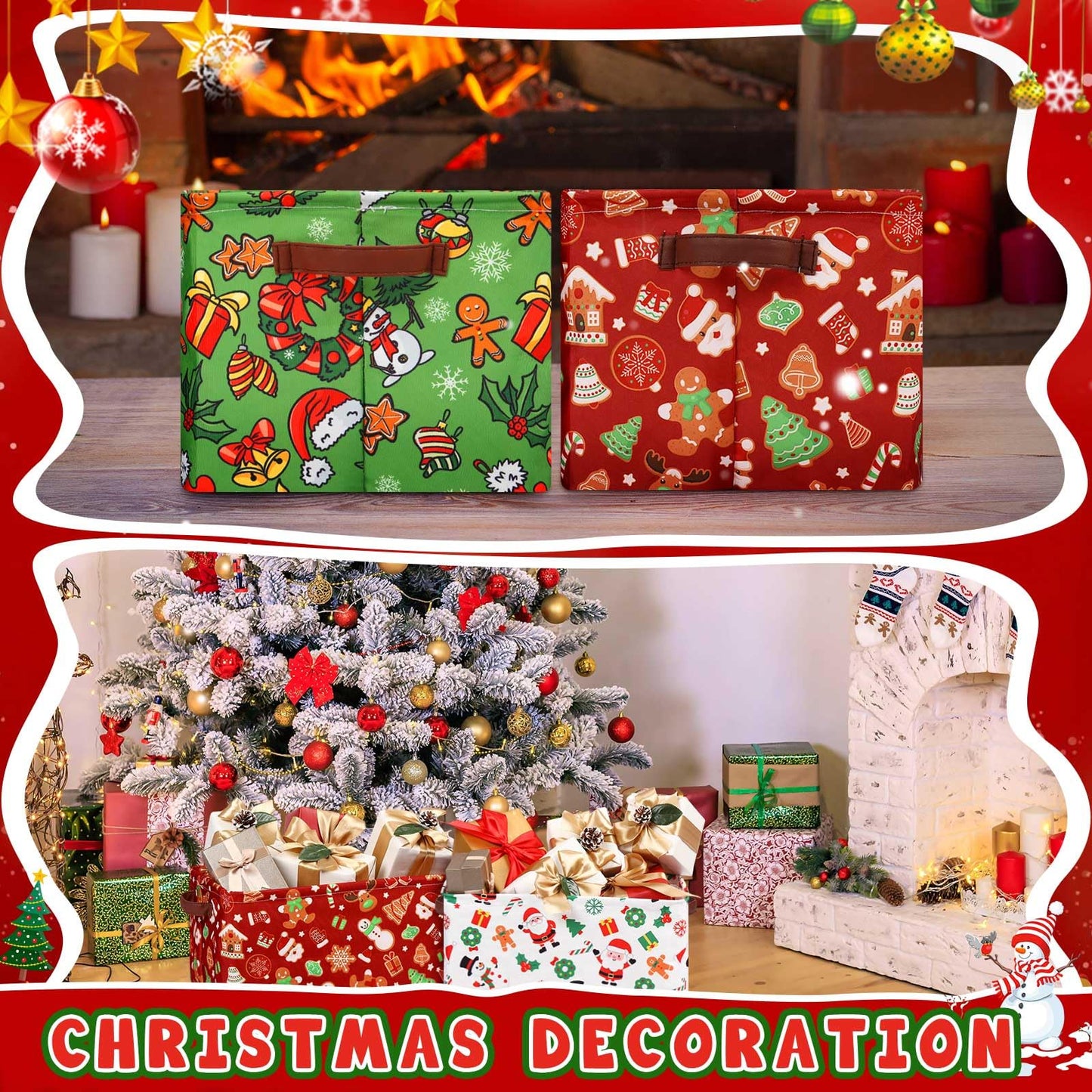 Boao 3 Pack Christmas Storage Baskets for Gifts Empty Collapsible Large Christmas Storage Bins, Canvas Laundry Basket with Handle Xmas Containers for Office Home Bedroom Clothes Toys Holiday Decor