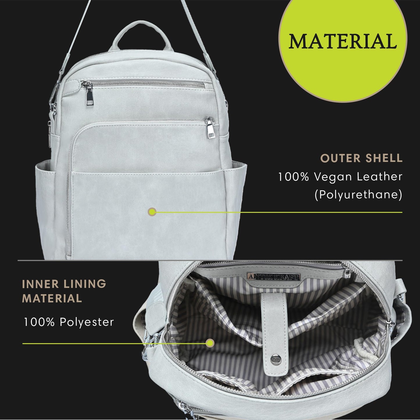 MMS Brands Antik Kraft Willa Vegan Leather Backpack (Grey) | Convertible Backpack Purse for Women | Vegan Leather Shoulder Bag | 13" L x 4" W x 14" H