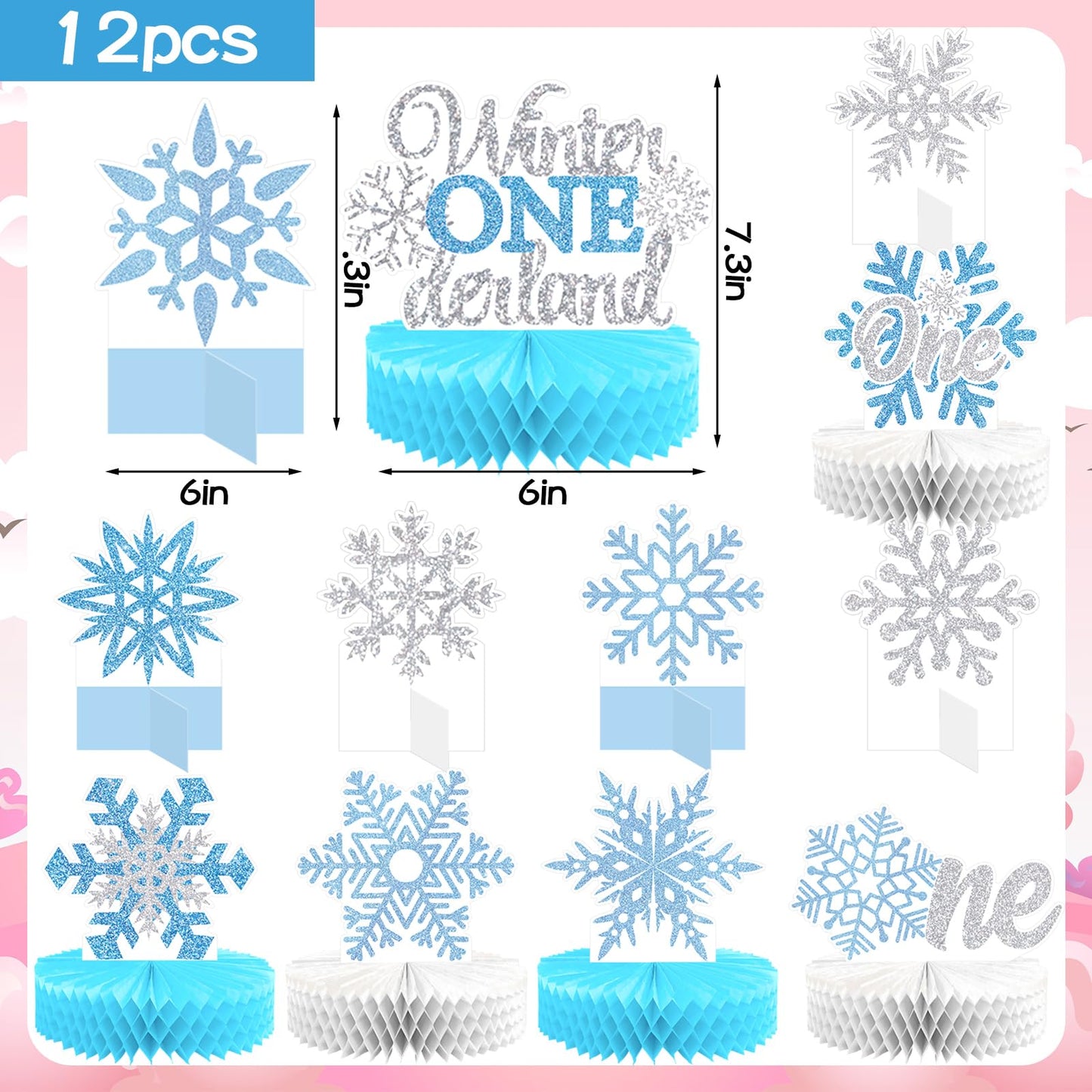 Lincia 12 Pcs Winter Onederland 1st Birthday Decorations Snowflake Honeycomb Blue Wonderland Table Centerpieces for Birthday Party Supplies
