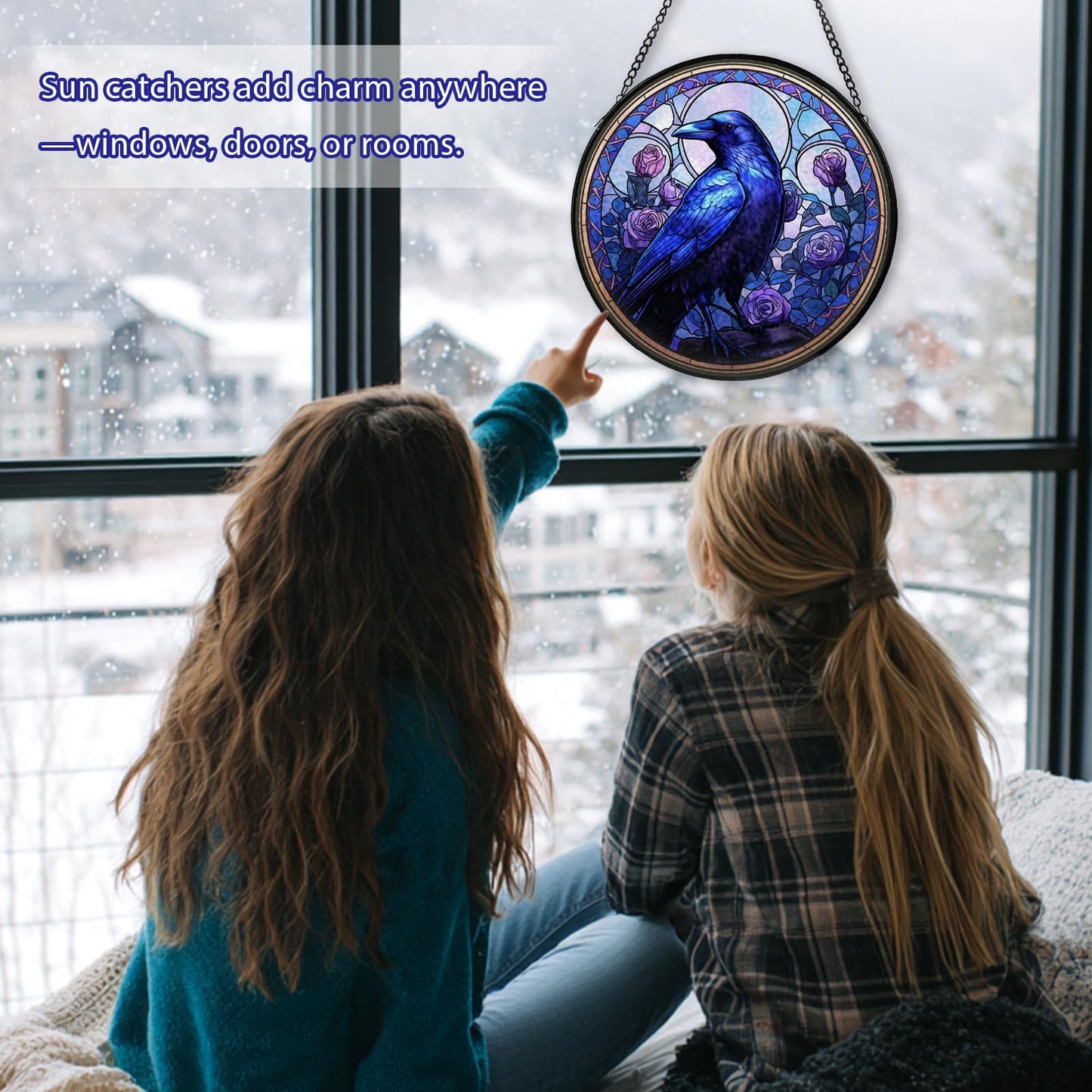 Crow Stained Glass Window Hanging, Raven Suncatcher Diamond Glass Panel Hangings, Sun Catchers Indoor Windows Wall Art, Gift for Birds Lover, Christmas Decor for Home Garden Office Purple 7.87 inches