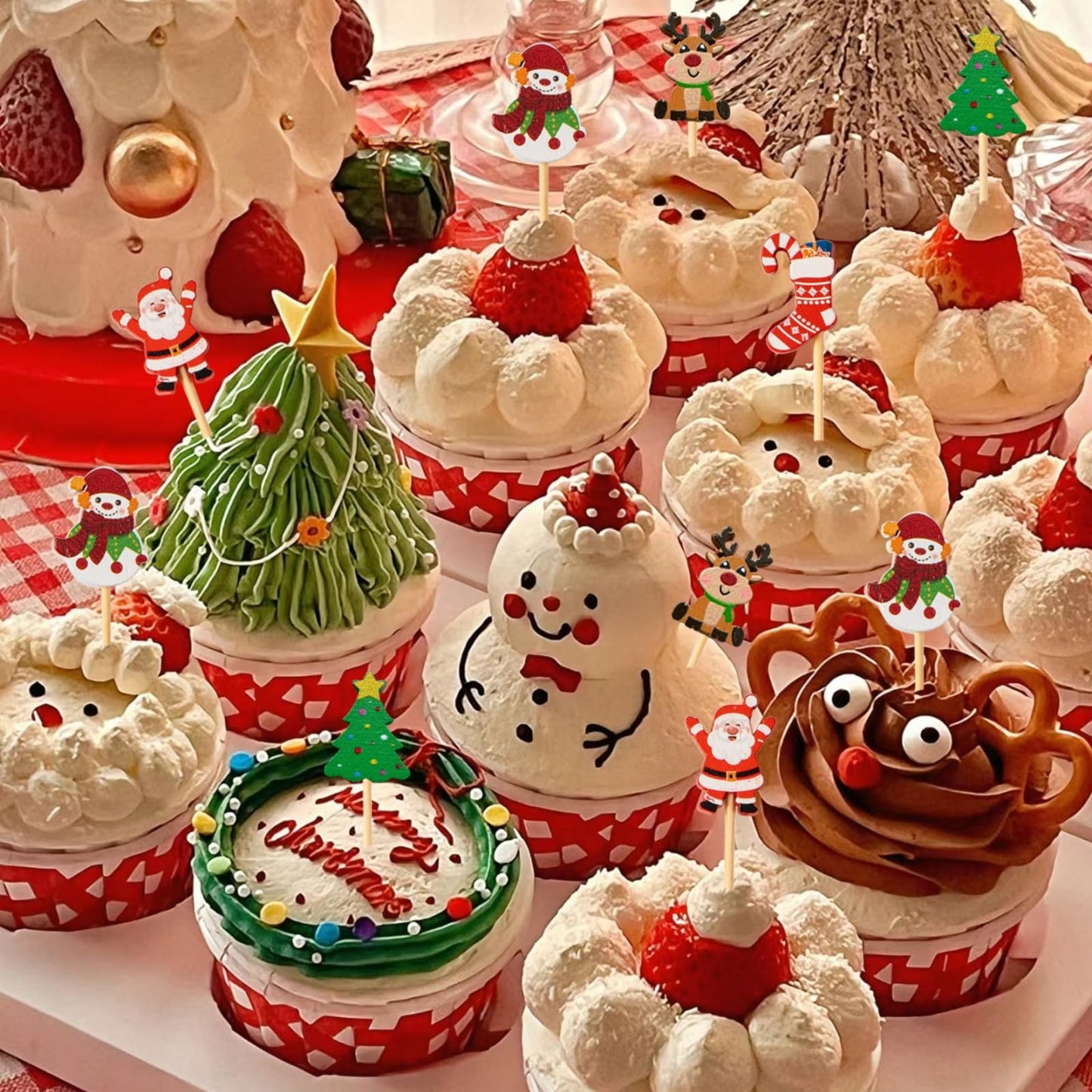 Jiesky 125pcs 5in Christmas Cocktail Picks Christmas Tree Snowman Santa Claus Reindeer Christmas Stocking Bamboo Cocktail Toothpicks Fruit Food Appetizer for Christmas Party Decorations