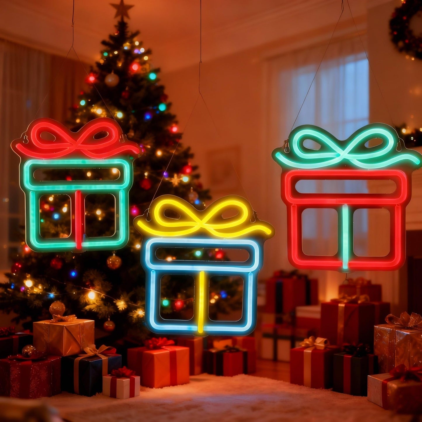 ROCEEI 3 Pcs Christmas Neon Sign, Neon Lights Gift Box LED USB Wall Bar Living Room Decor for Winter Party Holiday Night Bedroom Gifts