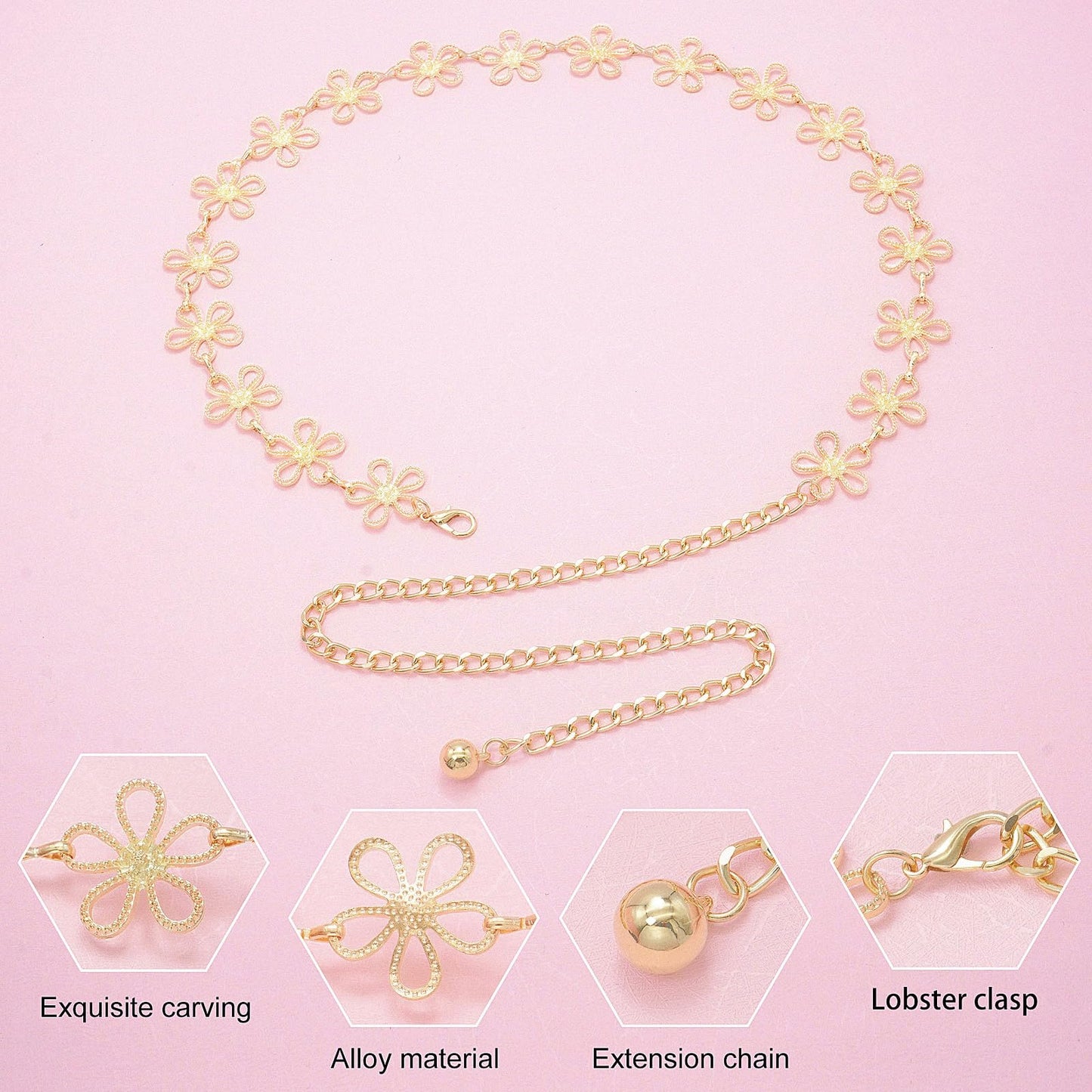 Glamorstar Hollow Flower Belt for Women Waist Chain Belts for Dresses Gold C 150cm/59in