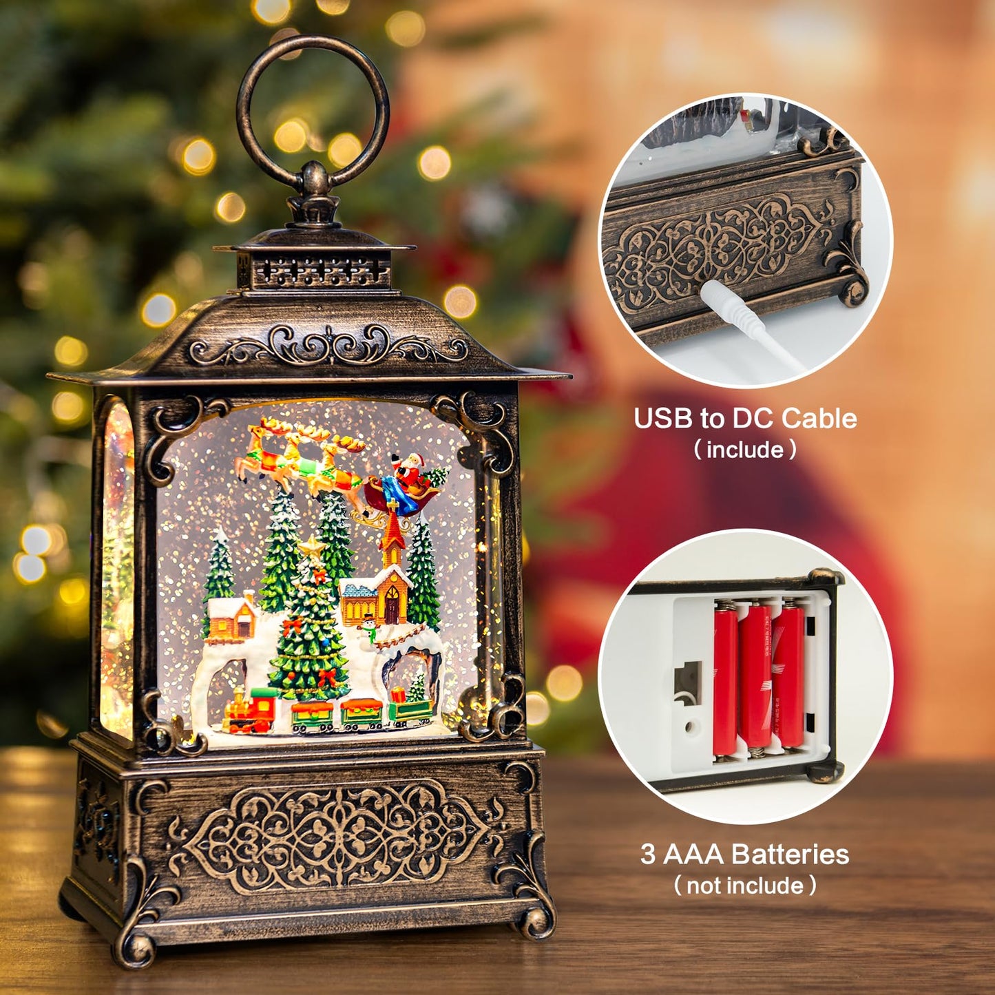 Christmas Snow Globes Lantern with Music, Winter Village Scene Snow Globes with Swirling Glitter Effects, USB/Battery Powered with 6-Hour Timer, Christmas Decorations