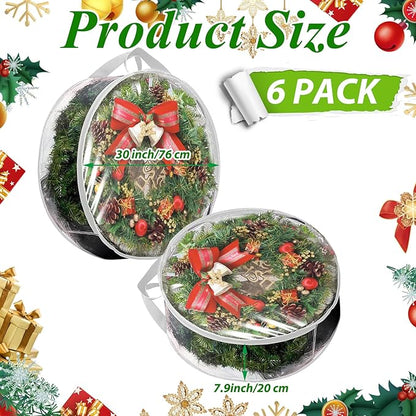 6 Pack Wreath Storage Container Bag 30 Inch Christmas Wreath Storage Bag Heavy Duty Christmas Wreath Boxes with Clear Window for Xmas Holiday Seasonal Wreath Garland (White)