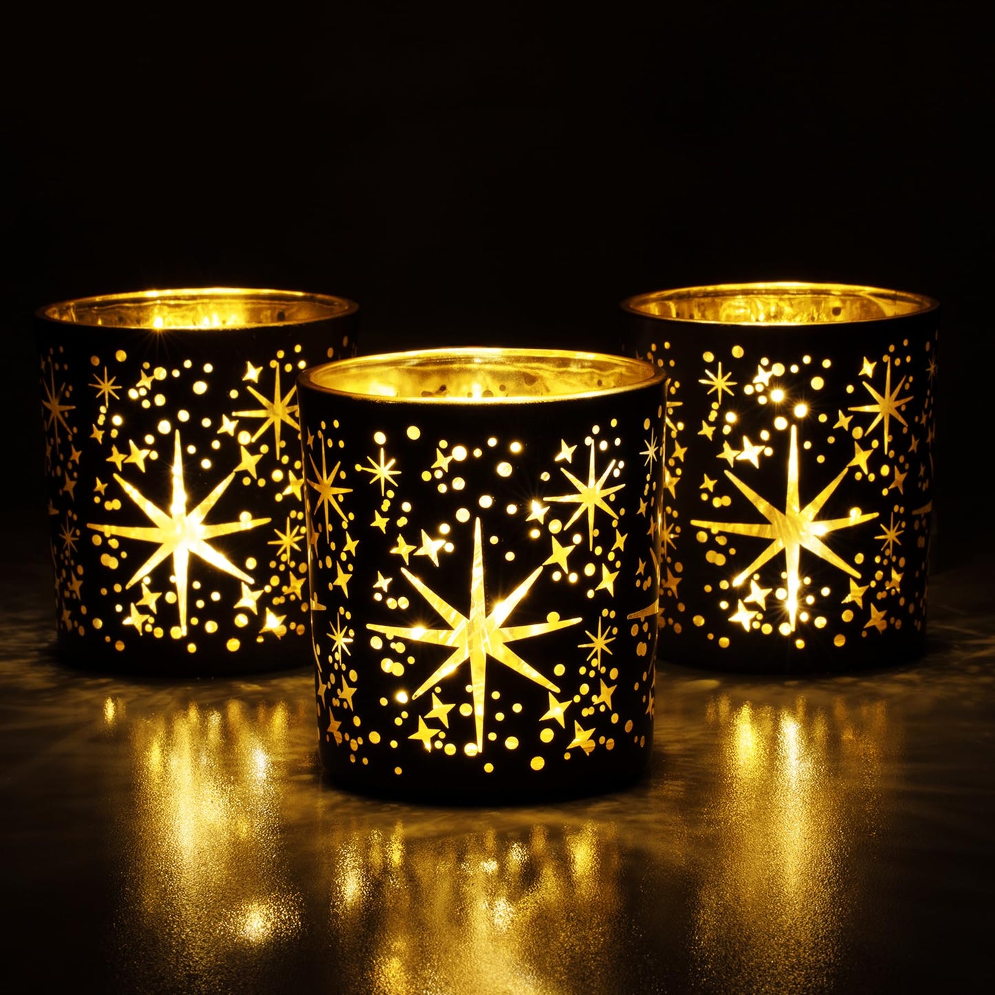 Toptime Votive Candle Holders Black and Gold, Glass Tealight Candle Holder Set of 3 with Stars Pattern, Vintage Tea Light Holders for Christmas Table Centerpiece Birthday Party Vanlentine's Day