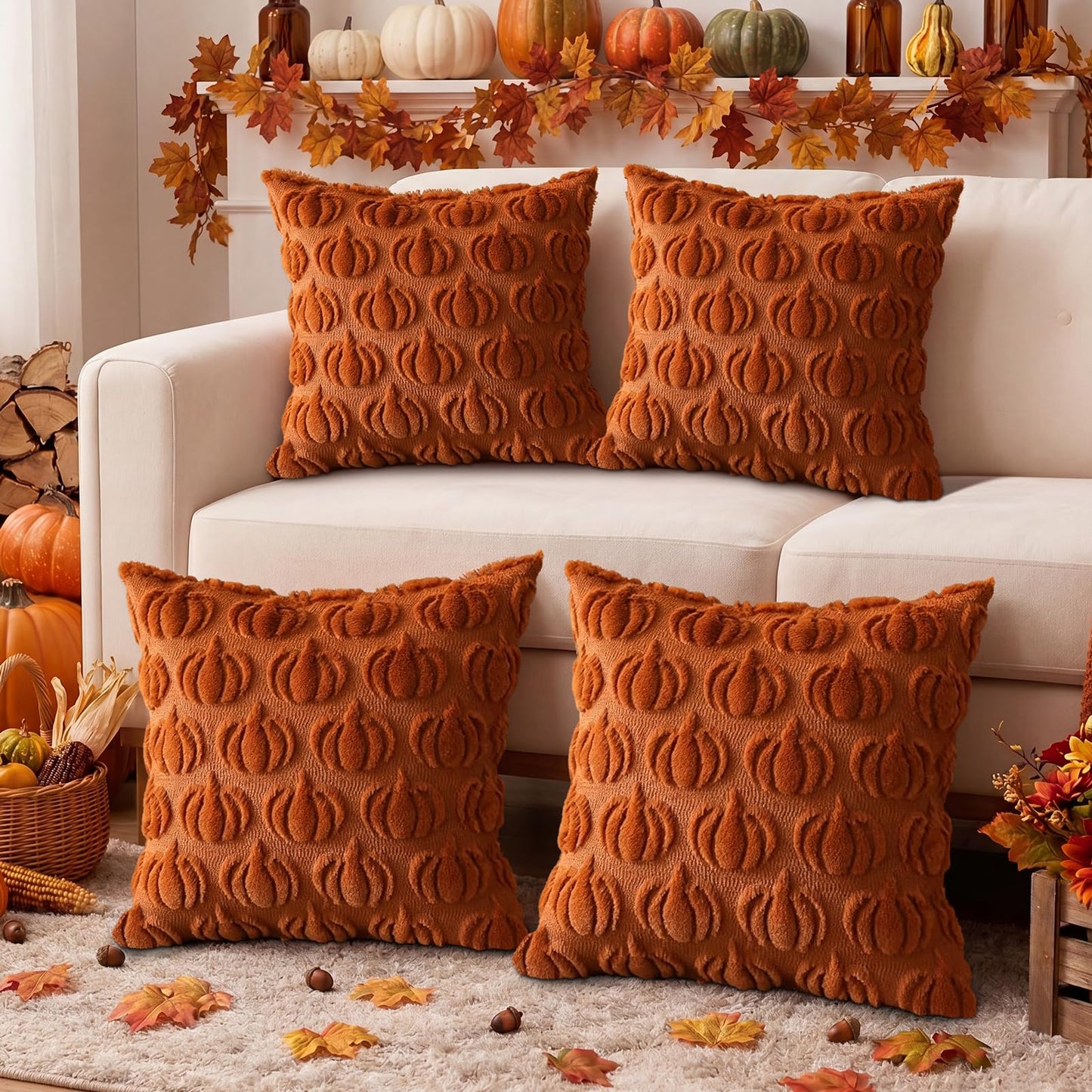HDVUHKI Fall Pumpkin Throw Pillow Covers 18x18 inch Set of 4, Rust Red Autumn Thanksgiving Farmhouse Living Room Soft Fluffy Plush Faux Fur Wool Decorations for Sofa Couch Bed