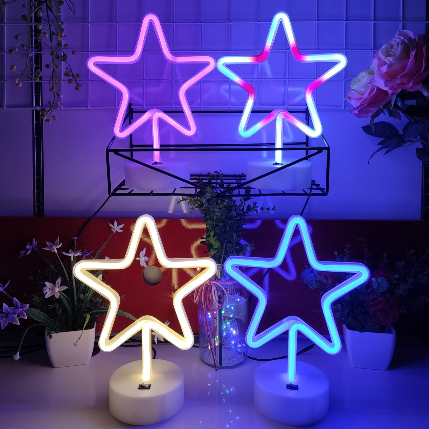 JYWJ Star Neon Signs with Holder Base,USB or 3-AA Battery Powered Neon Light,LED Desktop Wall Decoration,Various Parties,Decoration of Business Premises(Warm)