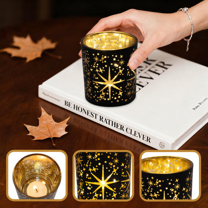 Toptime Votive Candle Holders Black and Gold, Glass Tealight Candle Holder Set of 3 with Stars Pattern, Vintage Tea Light Holders for Christmas Table Centerpiece Birthday Party Vanlentine's Day