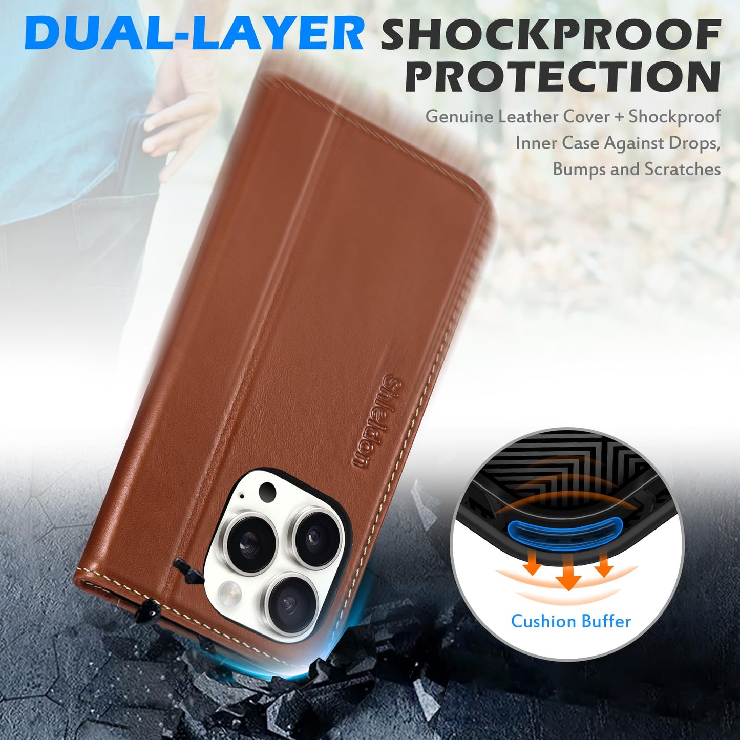 SHIELDON Wallet Case for iPhone 16 Pro 6.3" 2024, Genuine Leather Folio Magnetic Closure RFID Blocking Card Holder Kickstand Full Protection Phone Case Compatible with iPhone 16 Pro - Retro Brown
