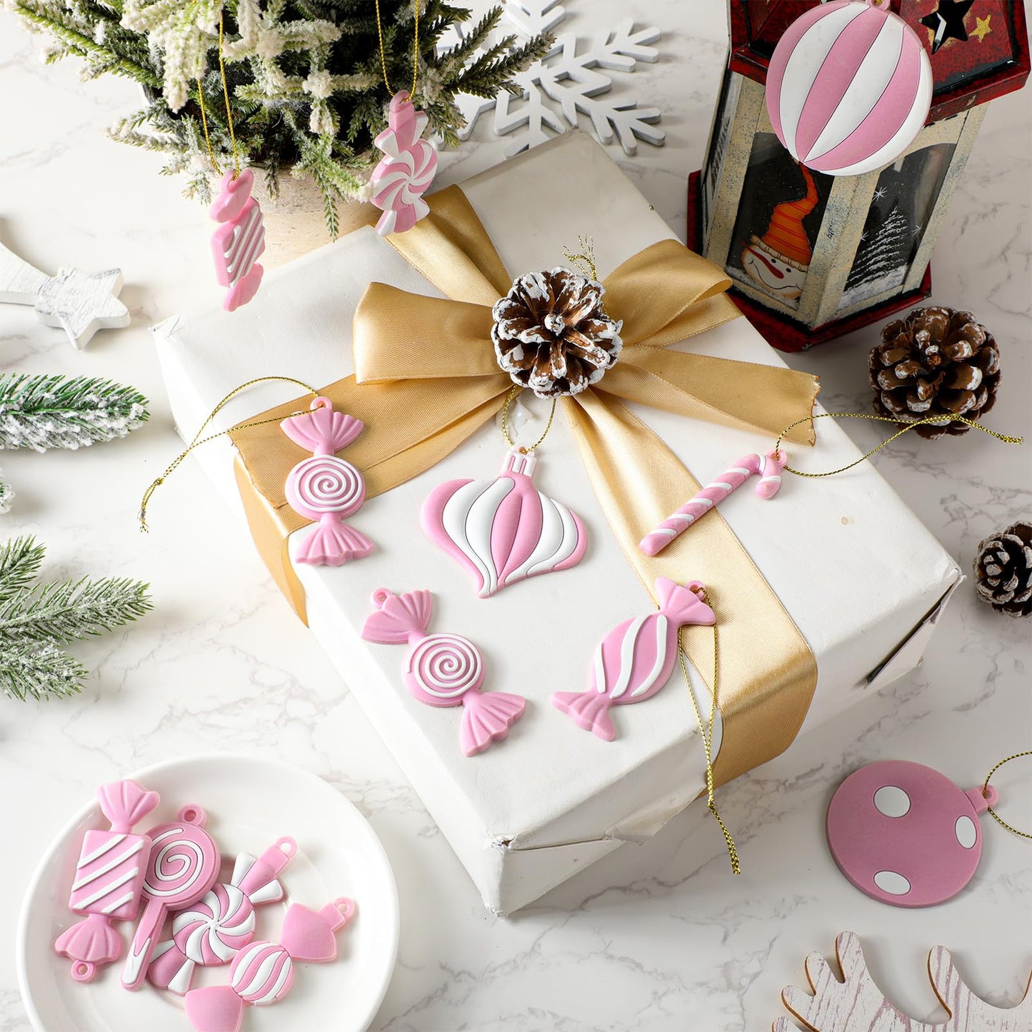 Panelee 20 Pcs Christmas Candy Tree Ornaments PVC Christmas Candy Cane Lollipop Ornament Xmas Hanging Decors Birthday Party Decoration Crafts for Holiday Xmas Tree Party (Pink and White)