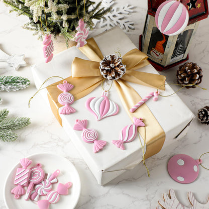 Panelee 20 Pcs Christmas Candy Tree Ornaments PVC Christmas Candy Cane Lollipop Ornament Xmas Hanging Decors Birthday Party Decoration Crafts for Holiday Xmas Tree Party (Pink and White)