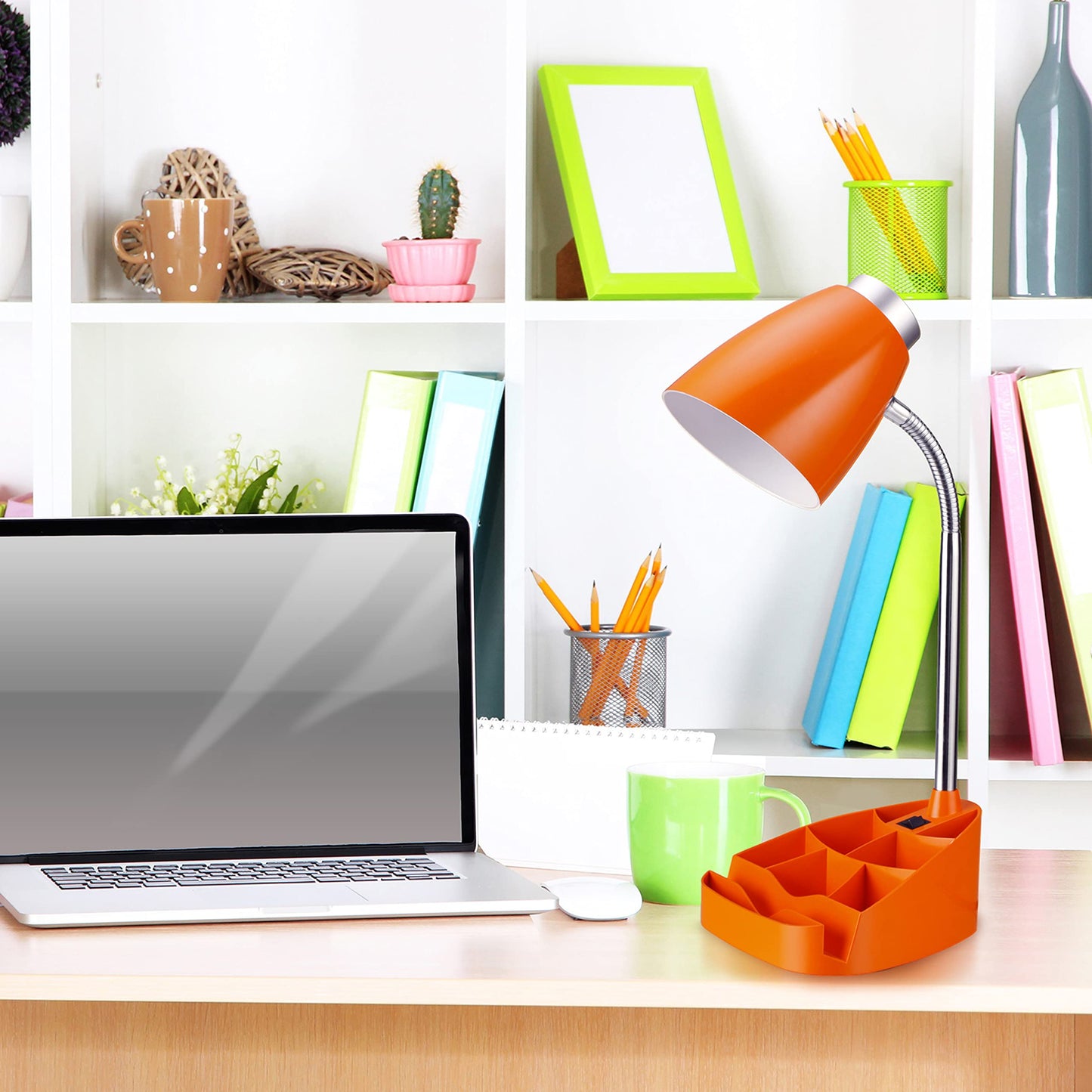 Simple Designs LD1002-ORG Gooseneck Organizer Desk Lamp with iPad Tablet Stand Book Holder, Orange