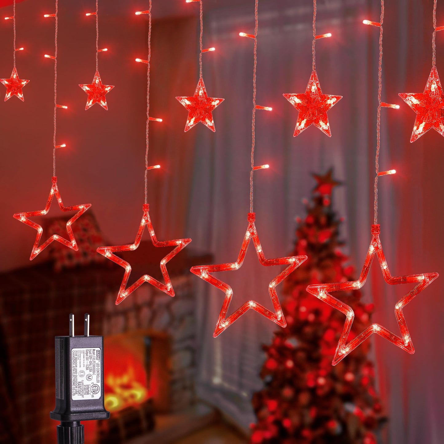 MYGOTO Red Christmas Star Icicle Lights,8.2FT 126LED Curtain String 8 Modes Memory Timer,Connectable Plug in Waterproof for Halloween/Valentine's Day/Patio/Wedding/Party/Xmas Indoor Outdoor Decor,Red