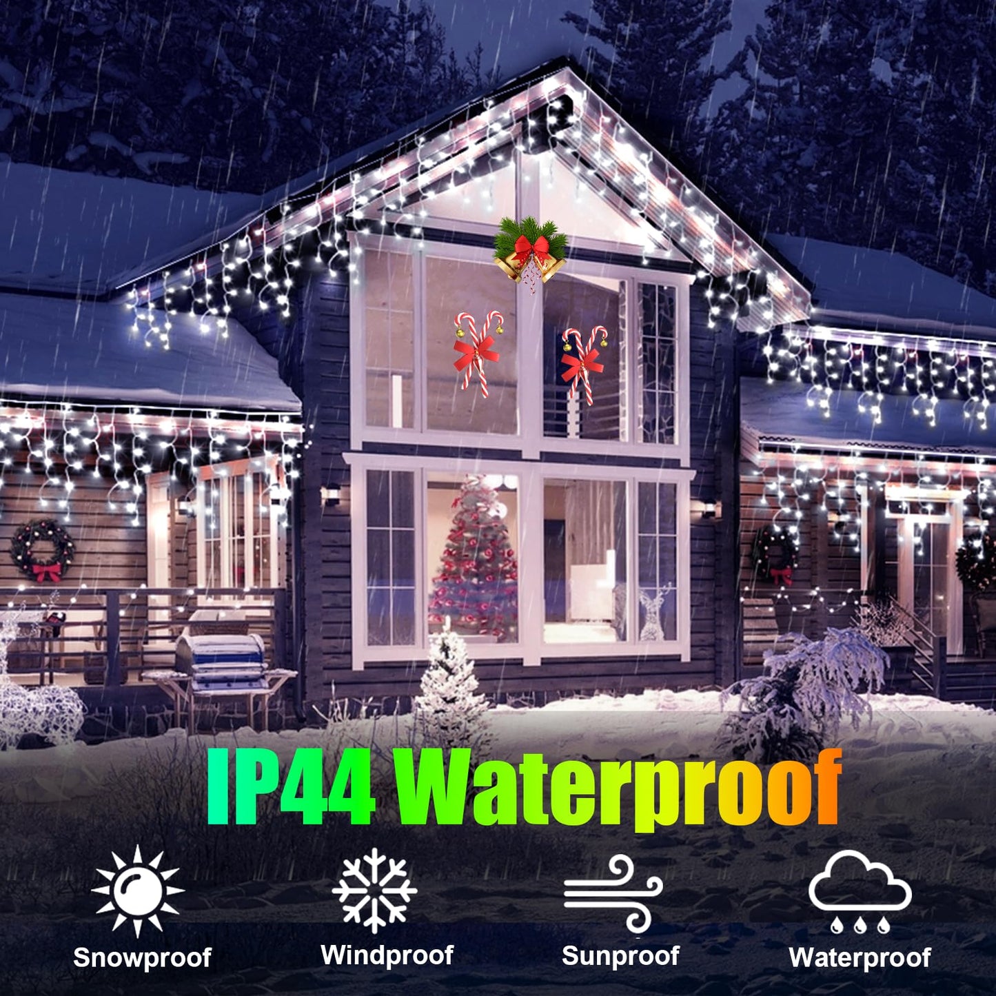 FLVOECN Christmas Lights Outdoor, 98FT 900LED Ice Lights for Outside, Ice String Lights with 8 Modes, Waterproof Timer Memory Hanging Light for Eaves Party Yard Garden(Cool White)