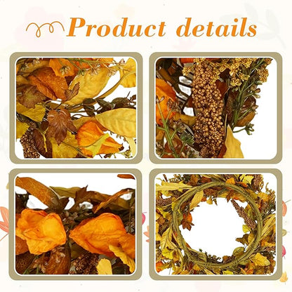 YNYLCHMX 18" Fall Wreaths for Front Door, Artificial Autumn Wreath with Cape Gooseberry and Ginkgo Leaves for Home Porch Window Wall Farmhouse Decor, Indoor Outdoor, Holiday Decor