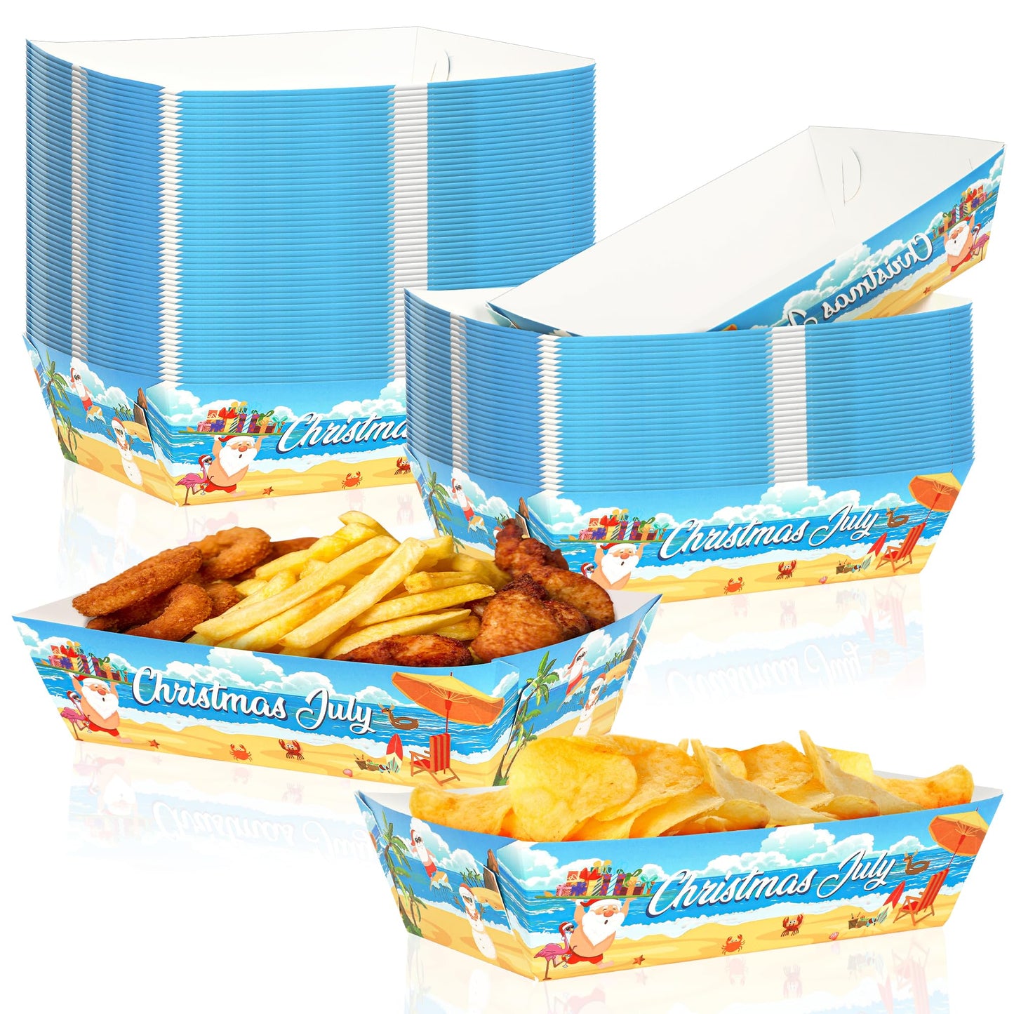 50Pcs Summer Christmas Paper Food Trays, Heavy Duty Disposable July Christmas Decorations Santa Food Boats, Serving Tray for Snack Sandwich Dessert Popcorn, Hawaii Theme Beach Pool Party Supplies