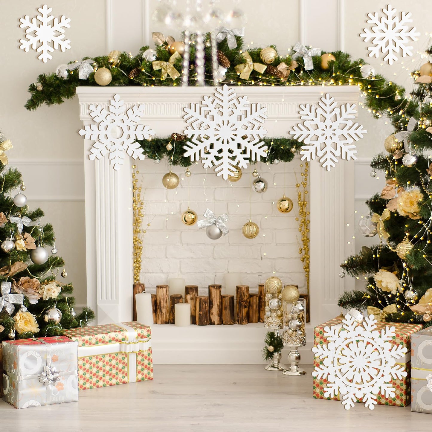 Wooden Large Snowflake Ornaments Sign Christmas Decorations 6 Pack, Wood Hollow White Snowflakes Crafts Winter Hanging Plaques Decorations 6 Size of Cutouts New Year Wall Bedroom Living Room Decor