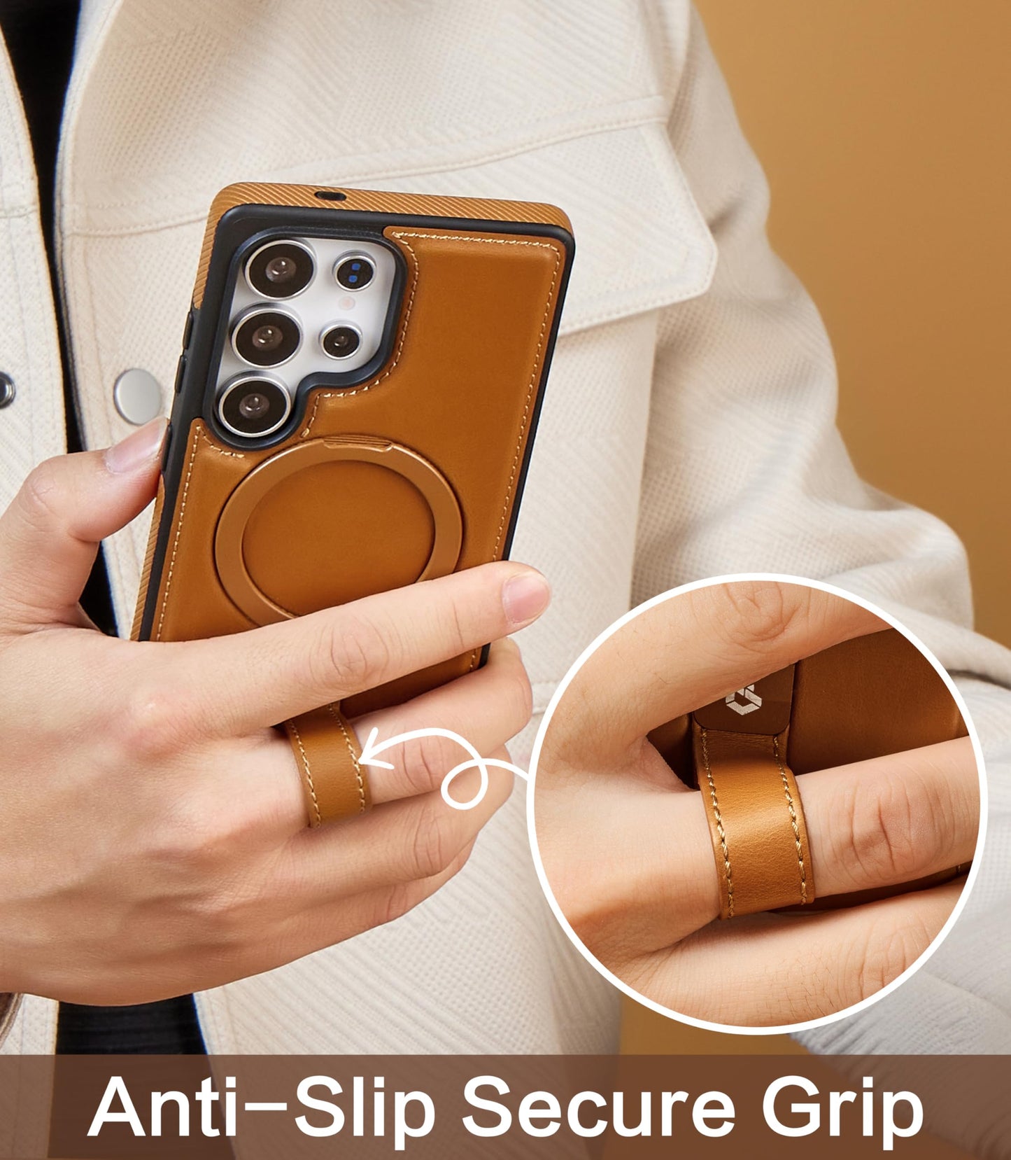 Butaiga for Samsung Galaxy S26 Ultra Case Leather with Stand, Anti-Slip Grip Ring, Fits for MagSafe (Brown, S26 Ultra)