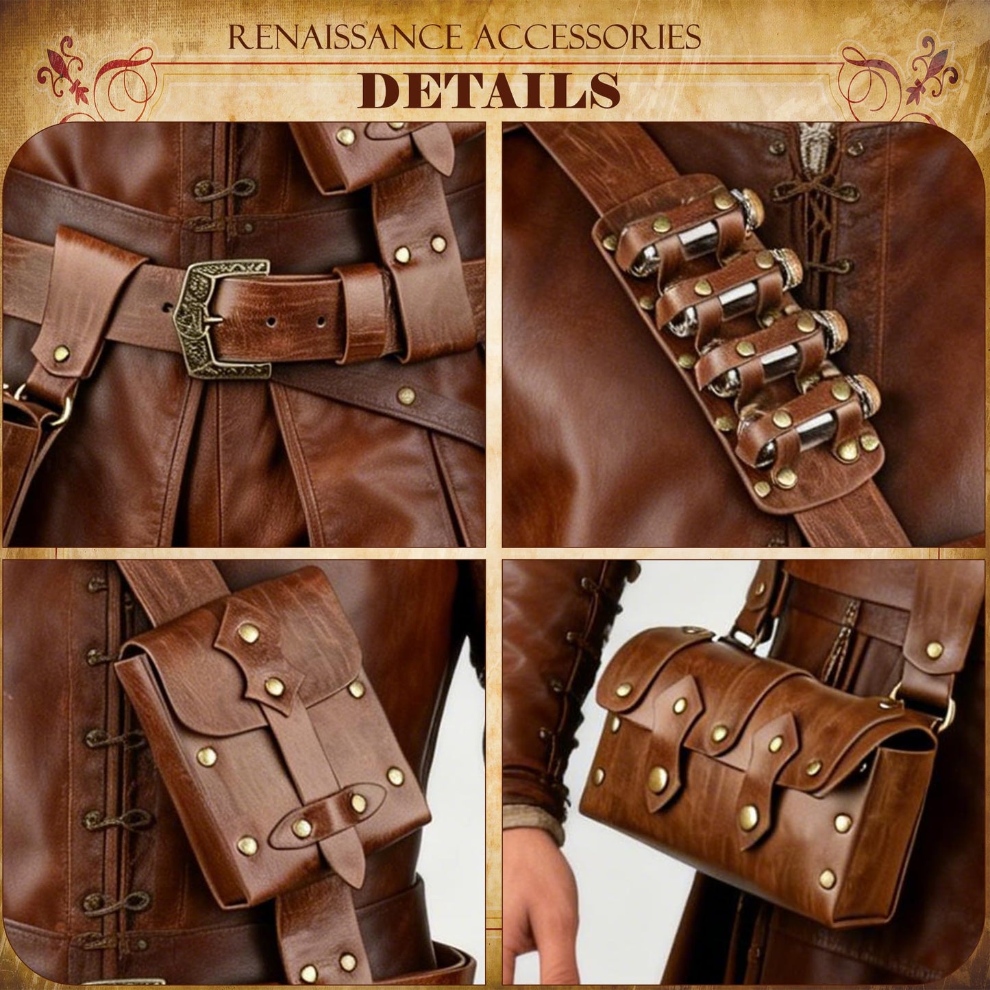 Whssusie Renaissance Accessories Men, 6-Pcs Medieval Alchemy Faux Leather Belt Pouch with 4 Cork Potion Vials Fantasy Wizard Waist Pouch Side Pack for Ren Faire Halloween, Brown