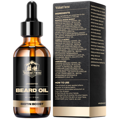 Waking Forest Beard Growth Oil - Biotin Sandalwood Oil with Vitamin E, Rosemary & Castor for Thicker, Softer, Stronger Beards (2oz)