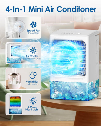 Mini Air Conditioner,Portable Air Conditioners,Evaporative Air Cooler Humidifier, 3 Speed Quiet Personal Cooling Fan, 7-Color LED Night Light, 4/8H Timer for Bedroom, Office, Camping, Car (White)