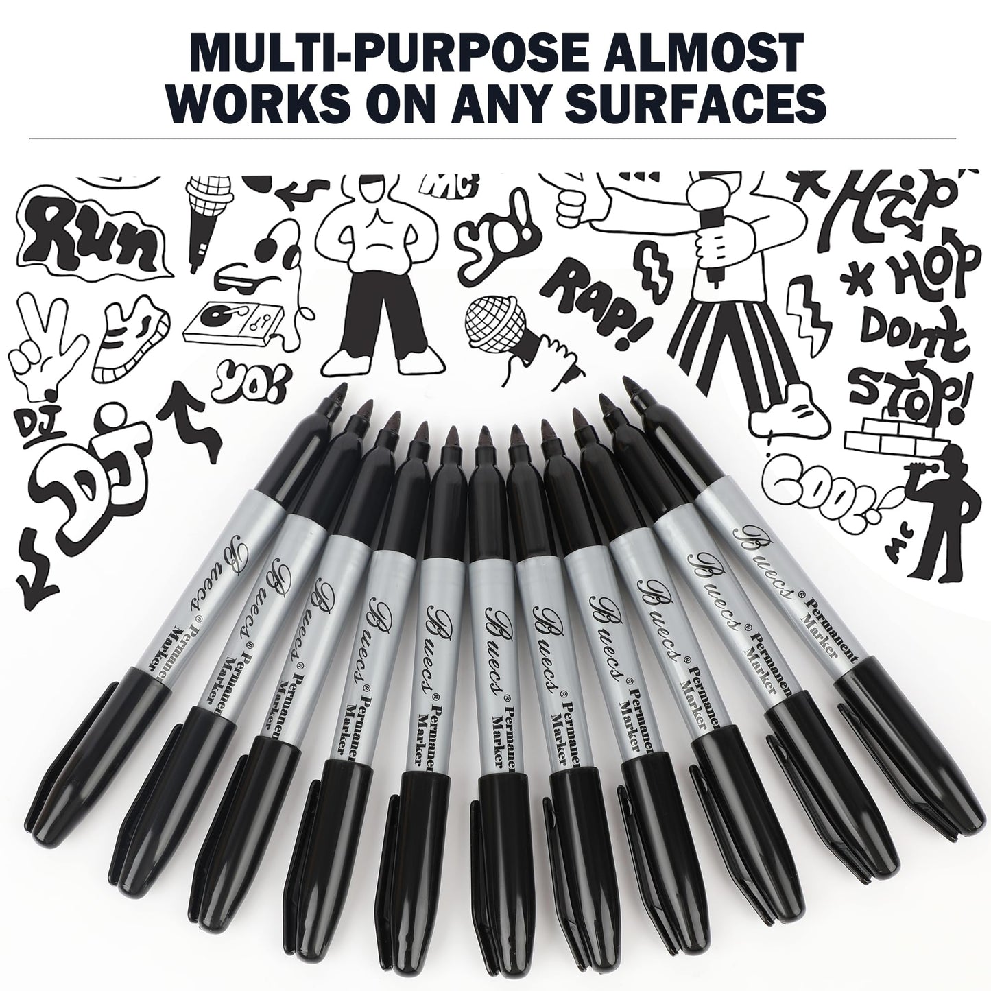 Buecs Permanent Markers, 200 Count Black Permanent Markers, Fine Point, Waterproof & Smear Proof Markers, Quick Drying, Office Supplies for School, Office, Home