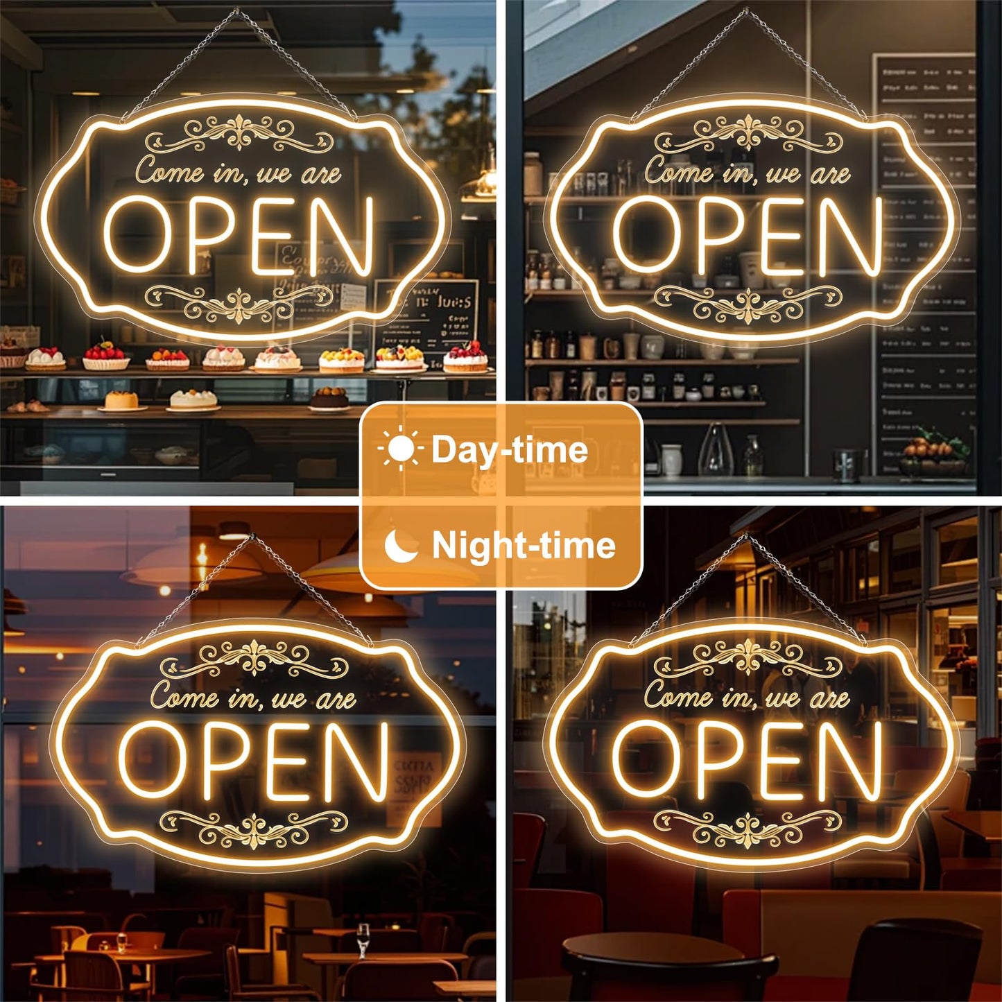 LED Neon Open Sign for Business, 23.5x14'' Come in We’re Open Sign, Warm White Adjustable Brightness Neon Lights for Party, Bar,Salon, Stores, Hotel, Wall Decor, Clubs, Hotels