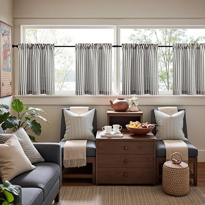 jinchan Striped Linen Kitchen Curtains 24 Inches Tier Curtains Farmhouse Modern Cafe Style Small Window Treatments Airy Light Filtering Rod Pocket for Living Room Bathroom 2 Panels Charcoal Grey