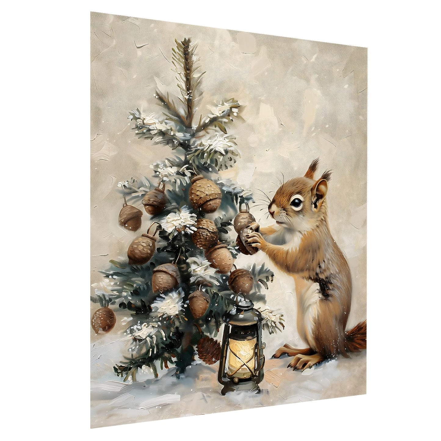 Tree Decor Winter Wall Art, Winter Squirrel Print, Snowy Pine Tree, Rustic Lantern, Acorn Ornaments, Holiday Scene Art, Woodland Christmas,Christmas Rustic Farmhouse Decor 16x24inch Unframed