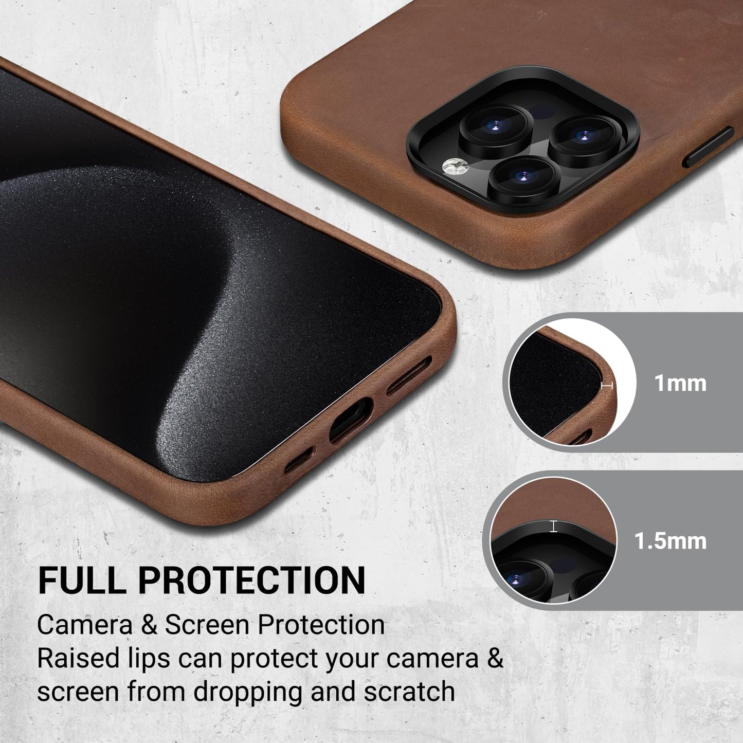 Belemay Compatible with iPhone 15 Pro Leather Case Magsafe - Top Grain Vintage Crazy Horse Leather - Metal Buttons & Camera Bezel Bump - Slim Fit & Soft - Premium Phone Cover (6.1-inch) Retro Brown