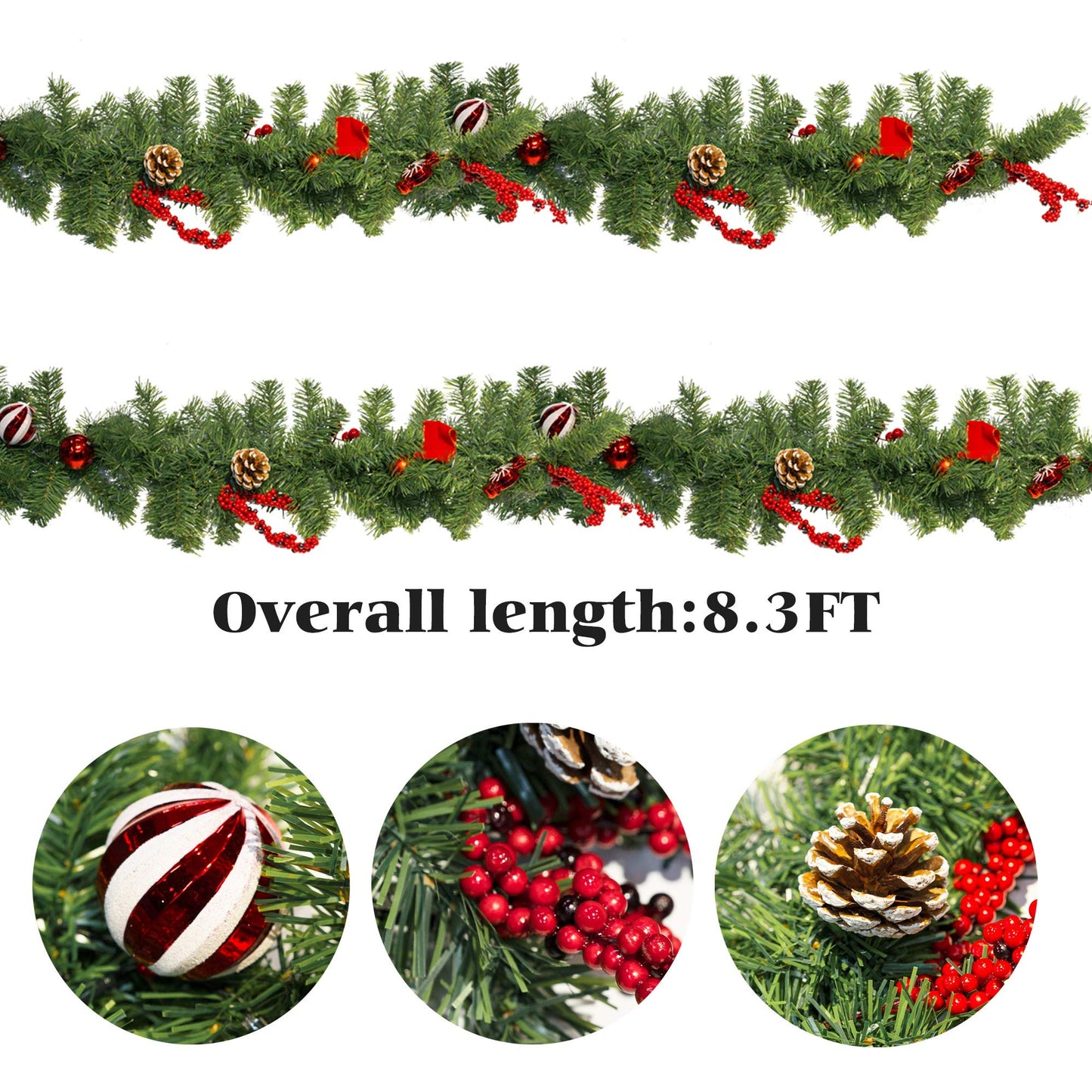 FUNPENY 9 FT Artificial Christmas Garland, Pre-Lit 50 LED Battery Operated Lighted Xmas Garland with 8 Modes for Indoor Holiday Door Home Decorations (Red)