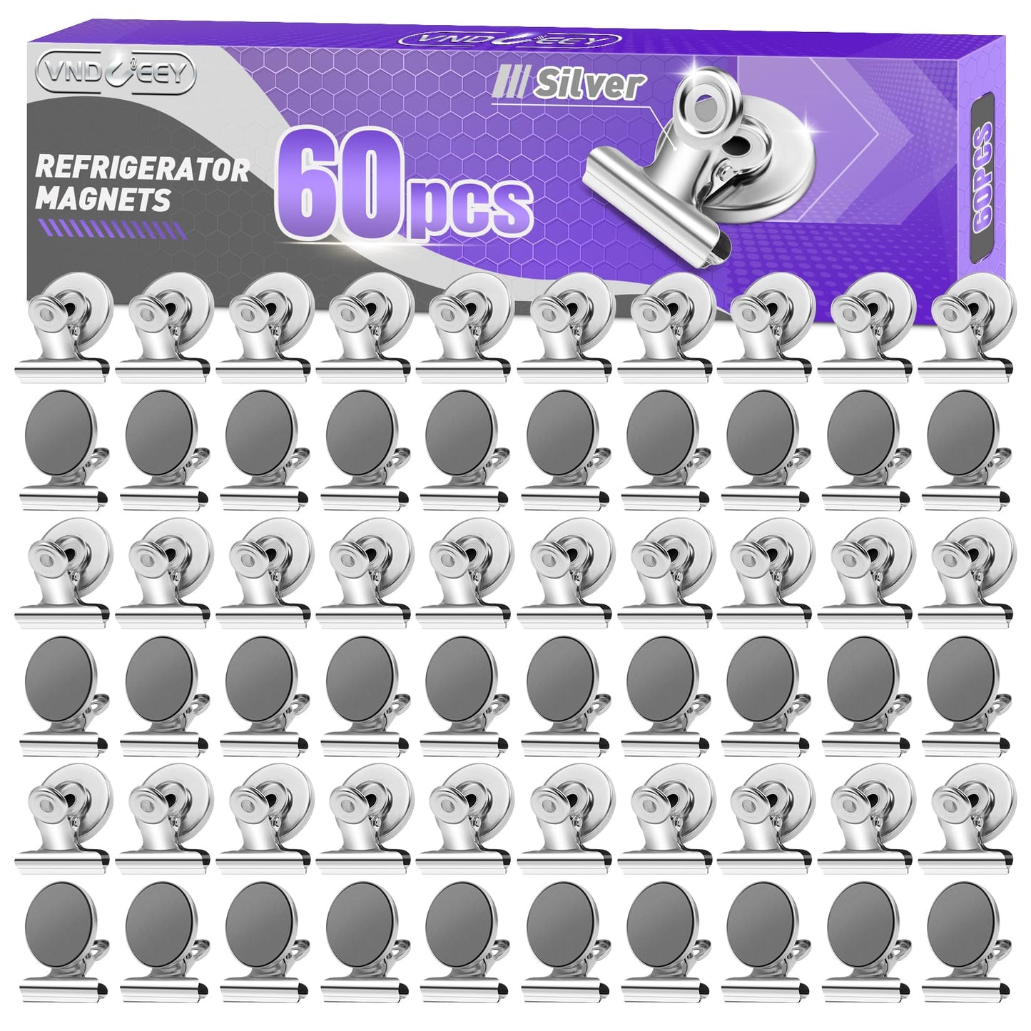 VNDUEEY Magnetic Clips, 60 Pack Fridge Magnets, Magnet Clips Heavy Duty, Refrigerator Magnet Whiteboard Magnets for Office, Classroom, and Home(Silver)