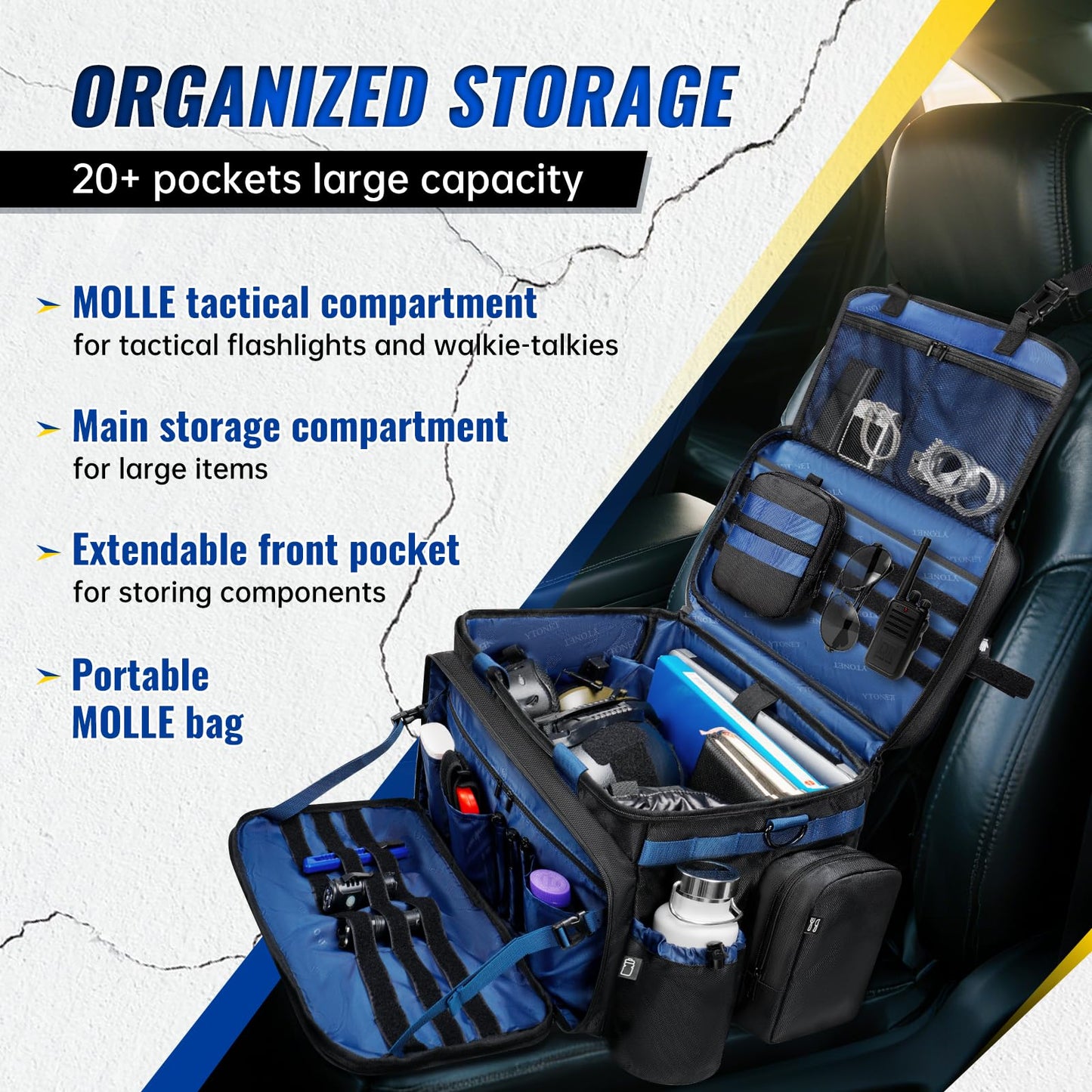 Patrol Bag Law Enforcement, Extra Large Police Gear Bag for Car Front Seat Organizer with a MOLLE Pouch & 15.6In Laptop Layer, Multiple Compartments Police Duty Bags Fit Vehicle Passenger Seat, Black