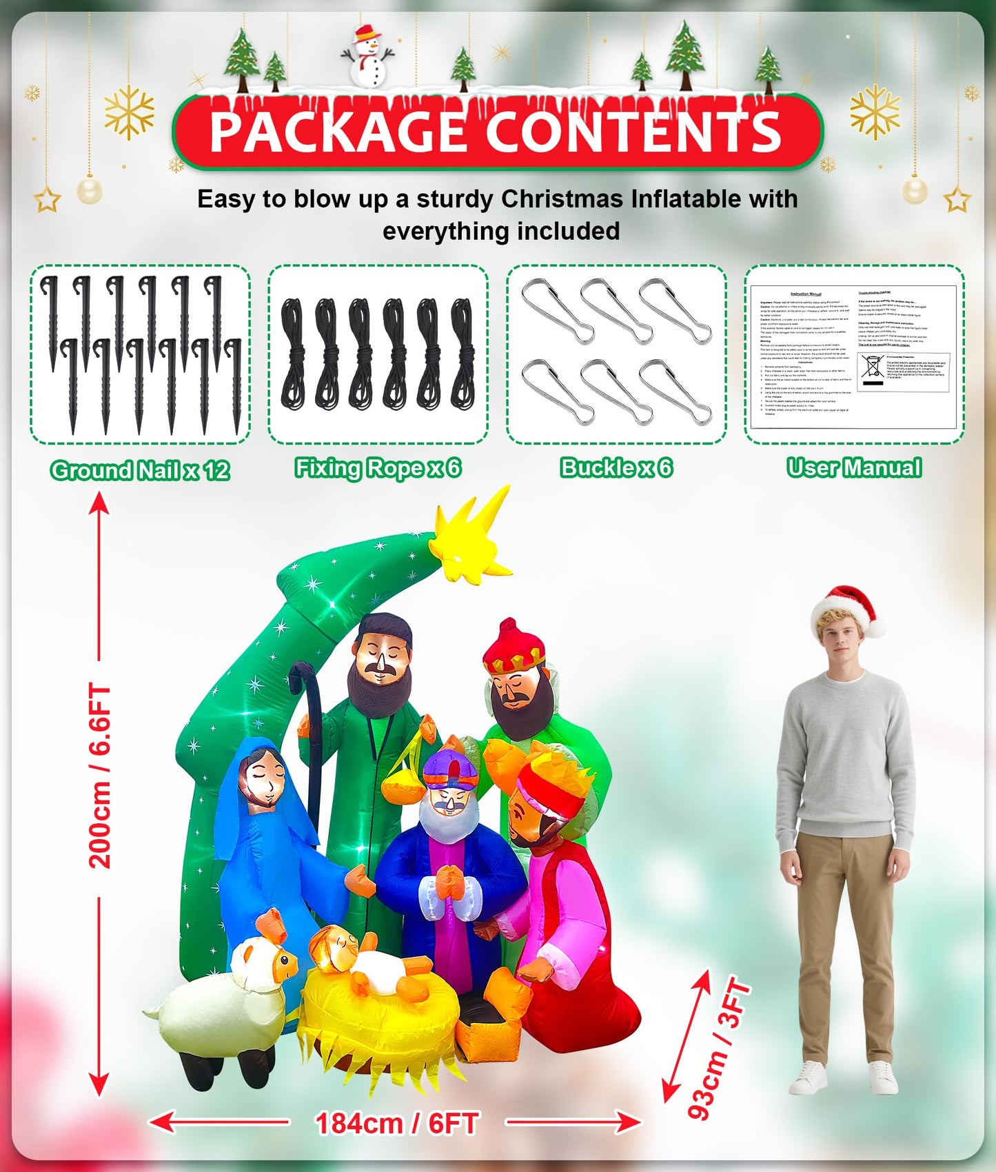 EAONE 7FT Christmas Inflatable Nativity Scene Outdoor Decorations, Christmas Blow Ups Yard Decorations Nativity Sets with 1.5 Meter String Lights for Garden Lawn Xmas Holiday Decor