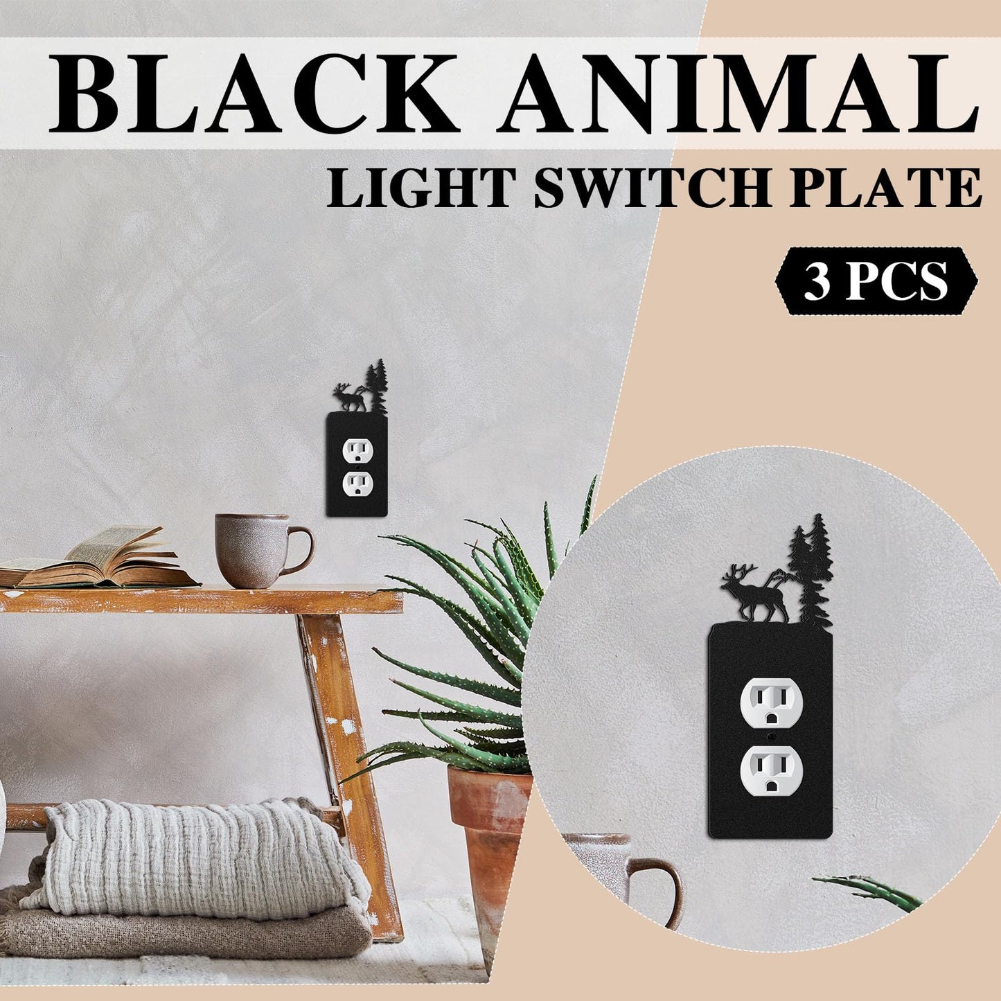 Lothee 3 Pcs Bear Light Switch Cover Plate Black Outlet Plate Cover Bear Elk Forest Mountain House Wall Light Outlet Decorative for Office Bedroom Home, Duplex Toggle(Exquisite)