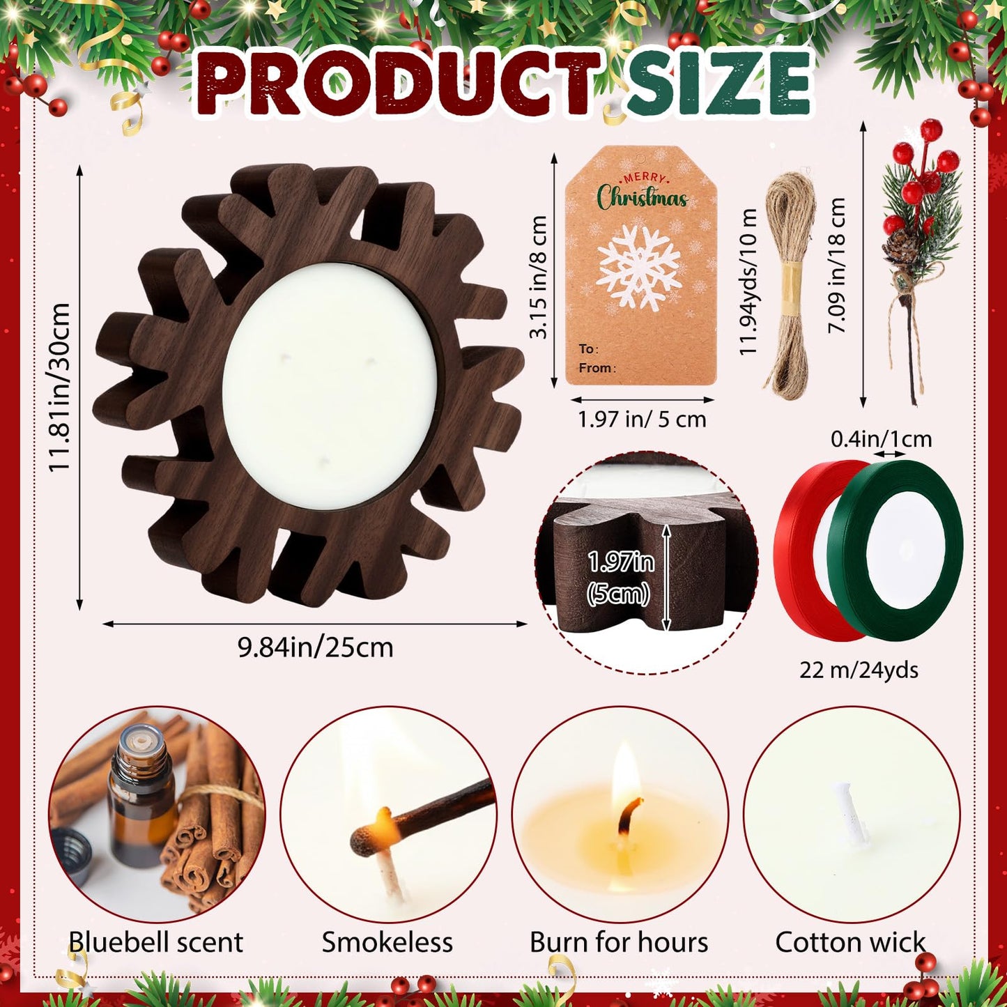 Potchen 1 Set Wooden Christmas Bowl Candle Gifts 14oz Large Rustic Wood Christmas Dough Bowl Candle with Berries Pine Label for Xmas Farmhouse Table Centerpiece Decor, 11.81 x 9.84 in(Snowflake)