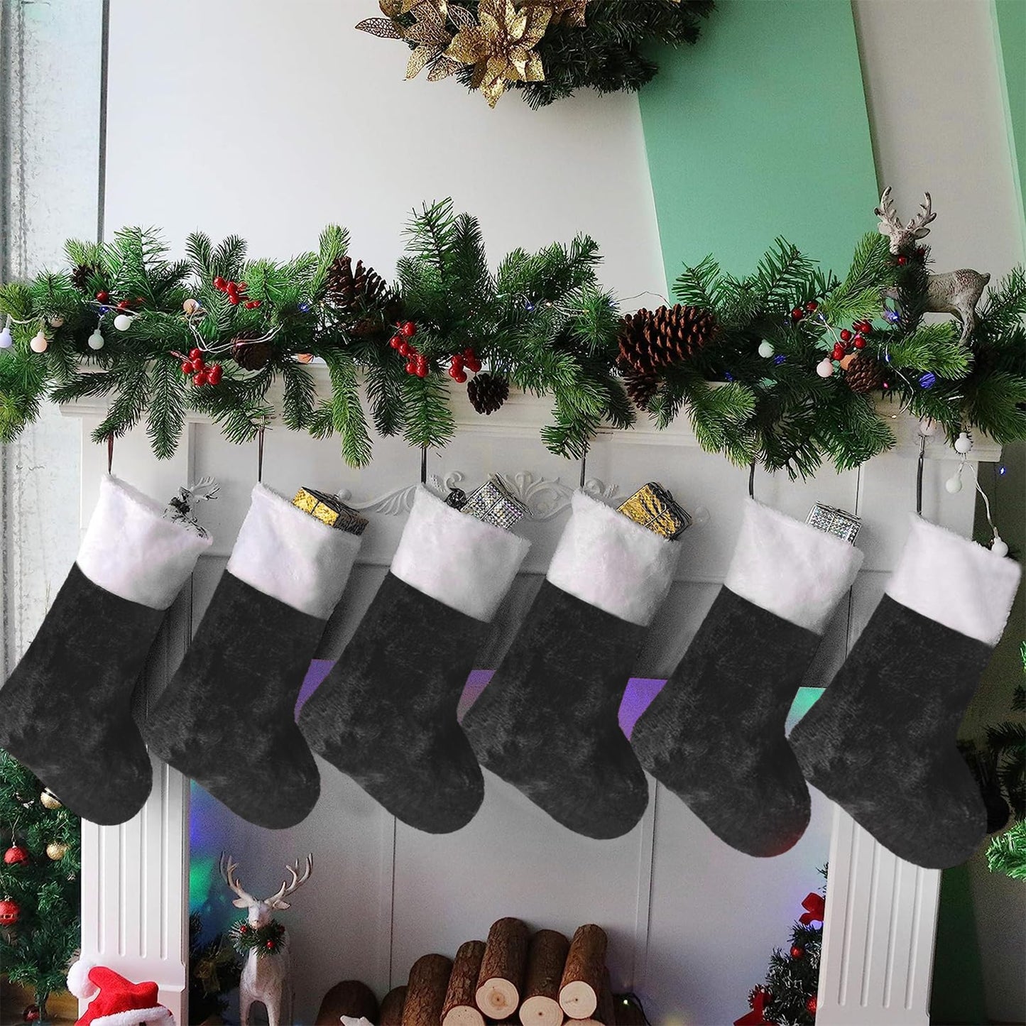 CCINEE Christmas Black Stockings,6 Pack 18 Inches Large Stockings with Plush Cuff,Classic Christmas Stockings Decorations for Xmas Party Favor Gifts Fireplace Decor