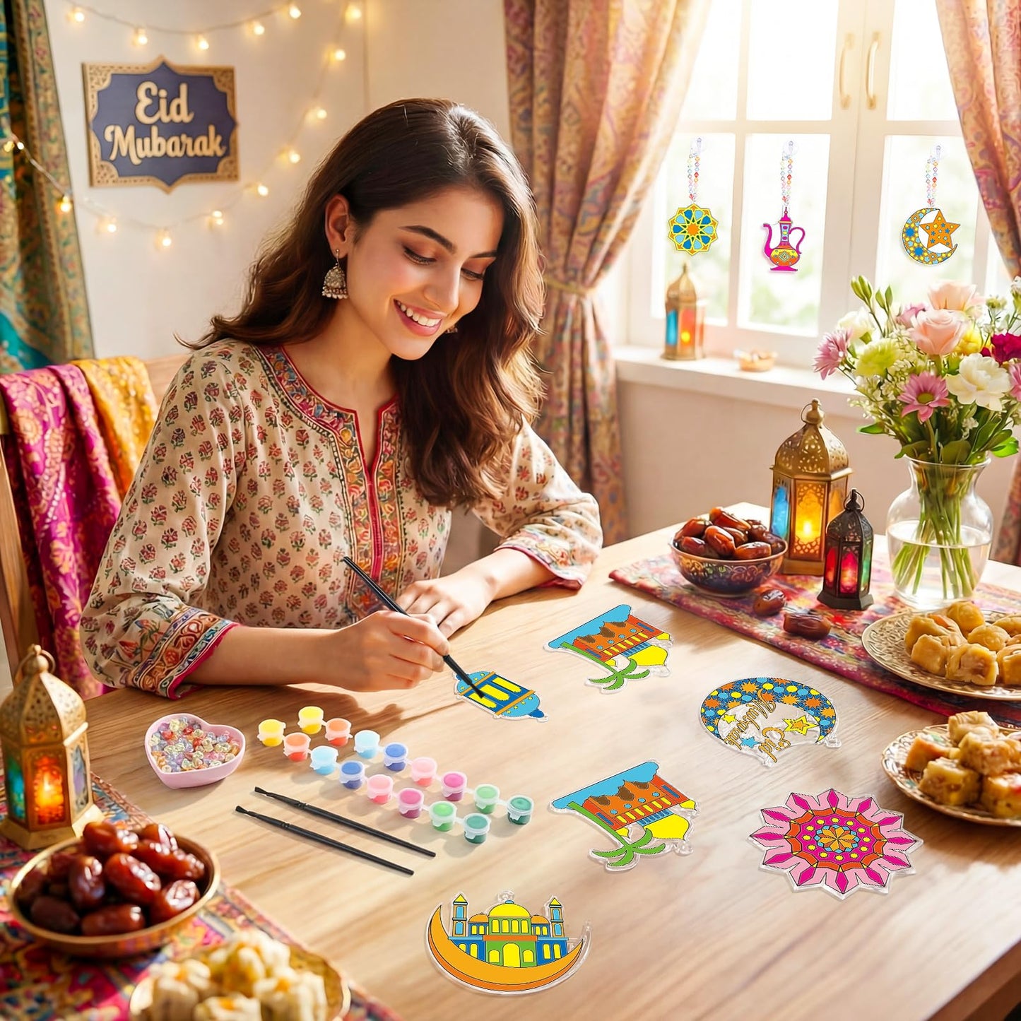 Beeveer 30 Sets Ramadan Suncatchers Art Kits DIY Eid Al Fitr Crescent Moon and Star Mosque Suncatcher Crafts Paint Your Own Window Ornaments for Boys Girls Islamic Eid Mubarak Activities Party Favor