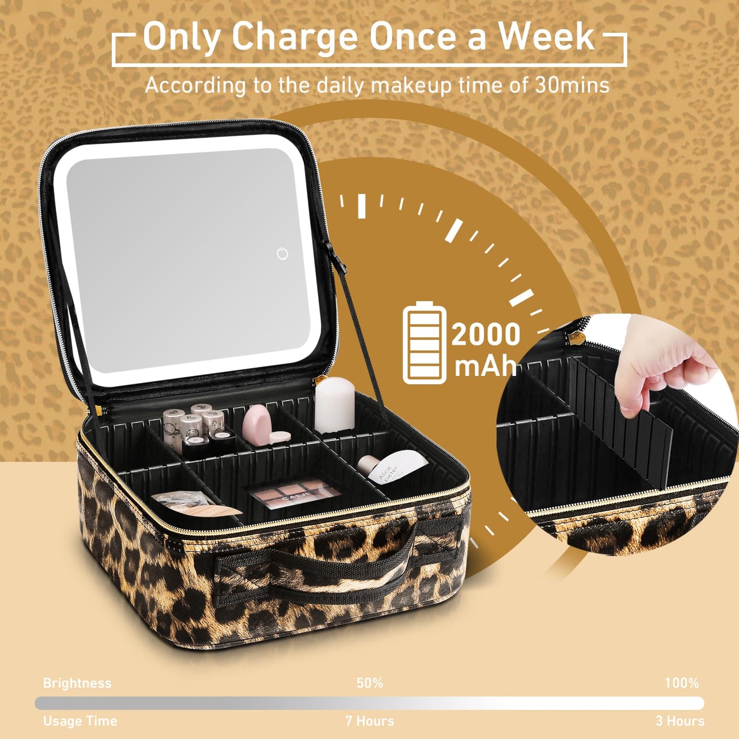 RRtide Makeup Bag with Light up Mirror, Travel Makeup Case with Mirror and Lights, Lighted Cosmetic Train Case with 3 Color Settings, Make up Organizer Bag with Adjustable Dividers Brush Board
