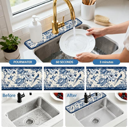 2 Pcs Kitchen Sink Splash Guard Faucet Mats Vintage Porcelain Flowers and Birds