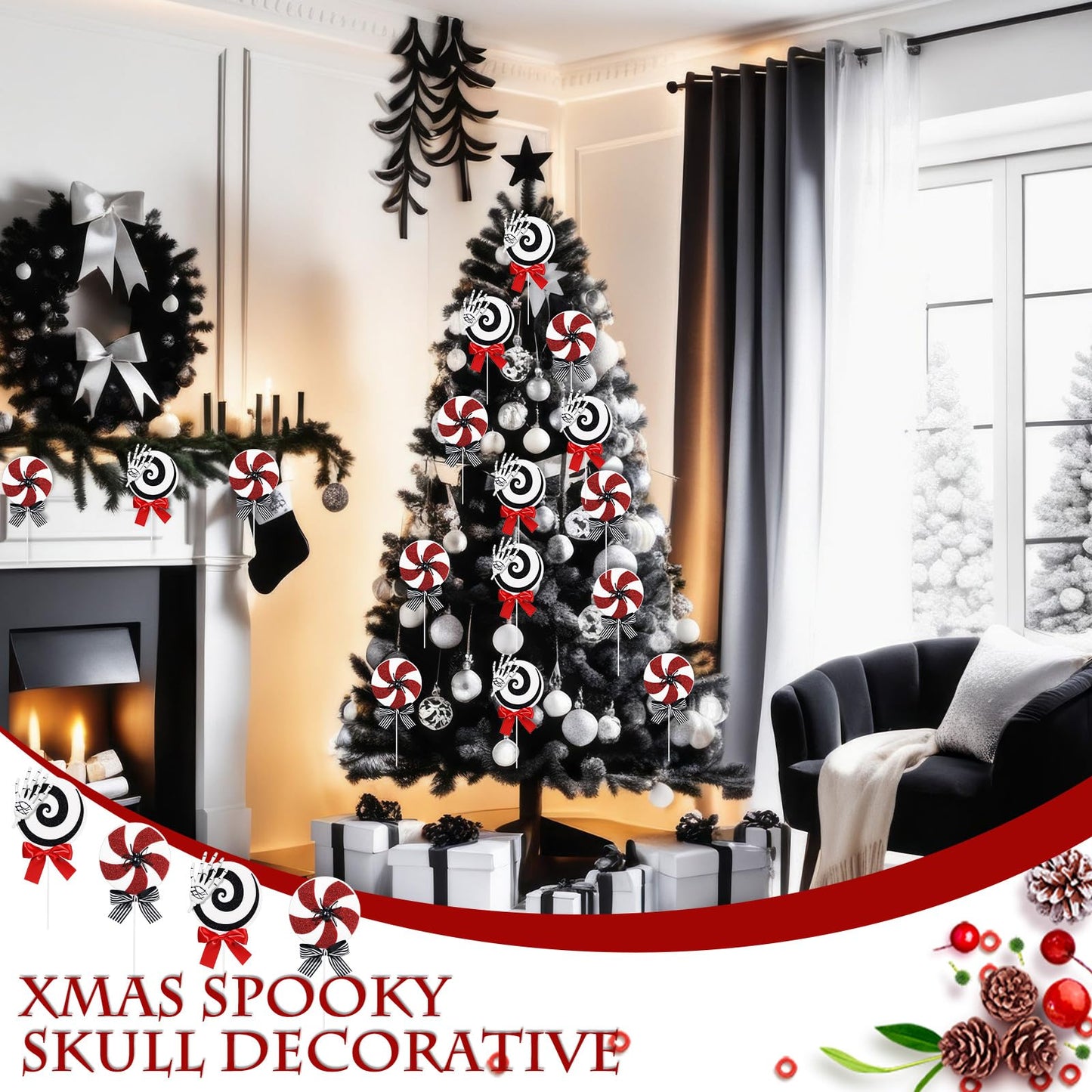 Gejoy 6 Pcs Black White and Red Christmas Ornaments Gothic Christmas Tree Picks Candy Cane Lollipop Double Sided Peppermint Lollipop Ornaments for Xmas Tree Topper Party Supplies Vase Decor